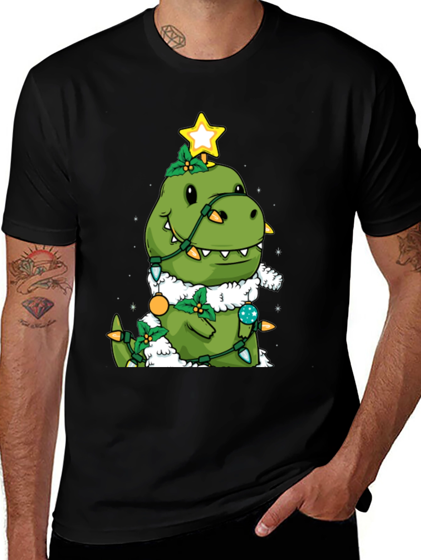 Dino Christmas Tree Black T-Shirt