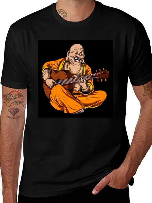 Buddha Playing Guitar Graphic Black T-Shirt