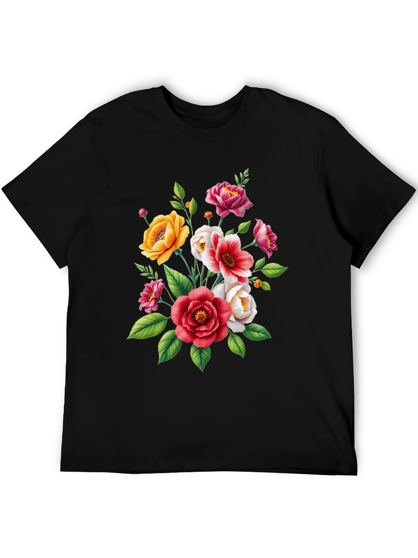 Floral Bouquet Graphic Tee - Black Cotton T-Shirt