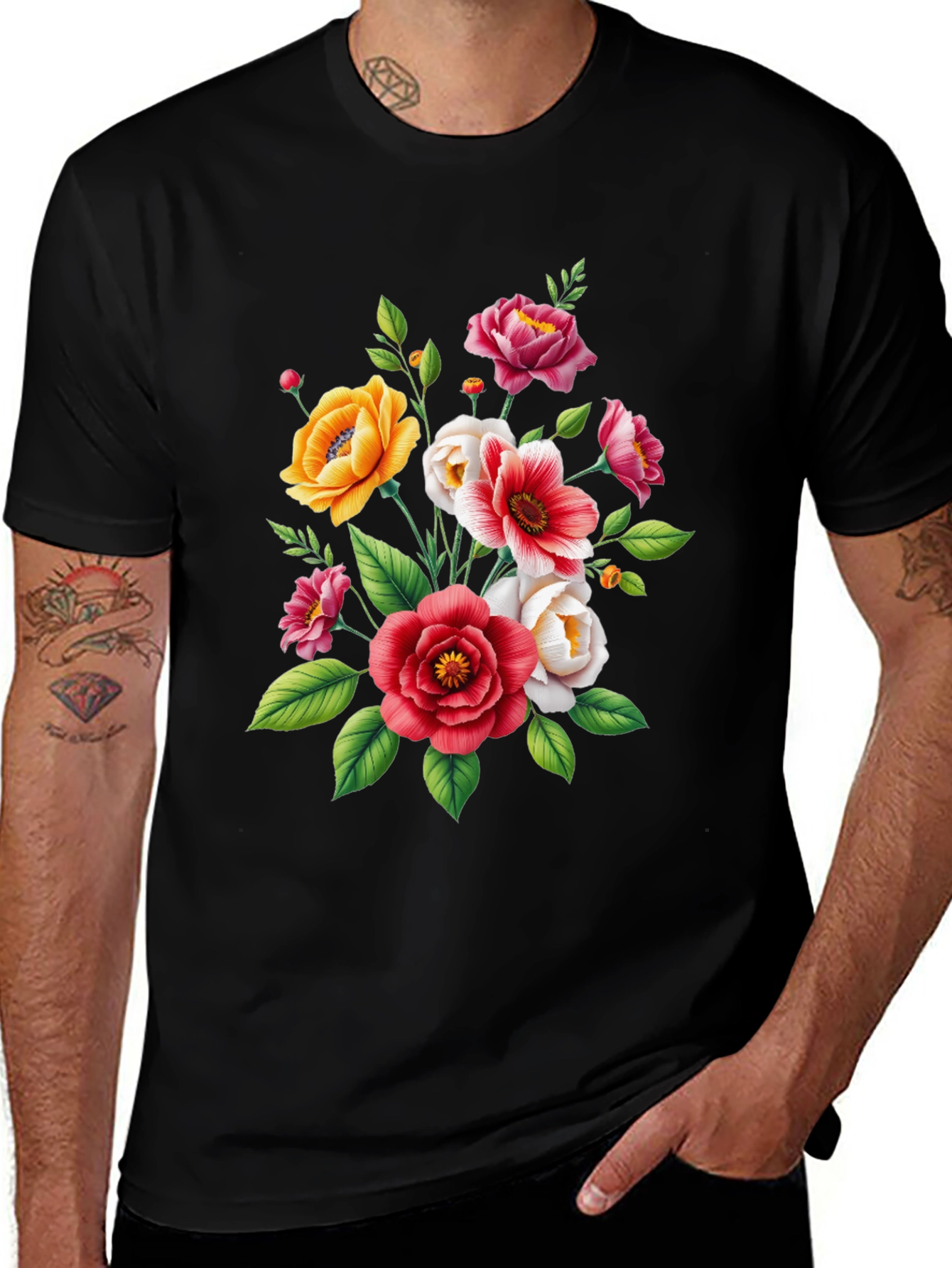 Floral Bouquet Graphic Tee - Black Cotton T-Shirt