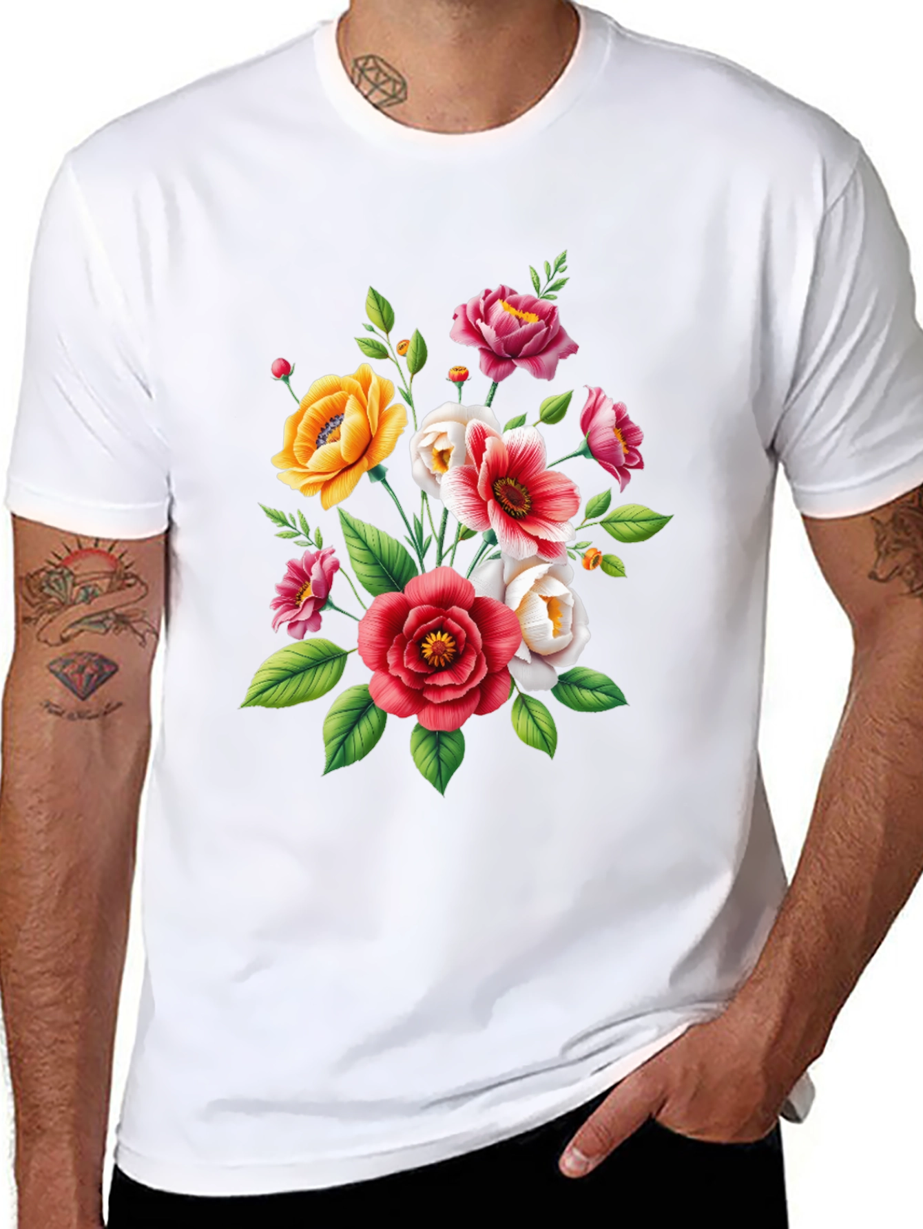 Floral Bouquet Graphic Tee - Black Cotton T-Shirt