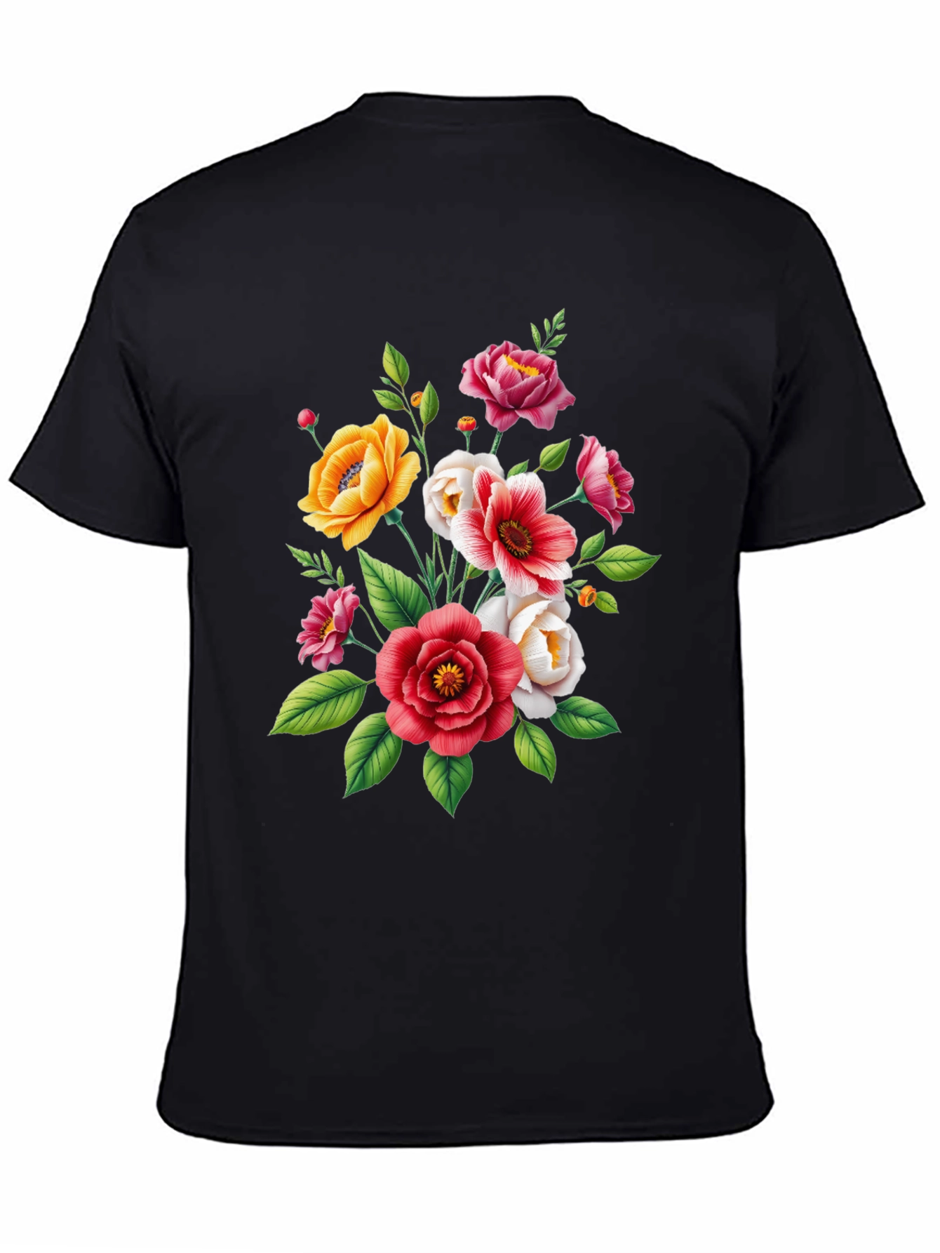 Floral Bouquet Graphic Tee - Black Cotton T-Shirt