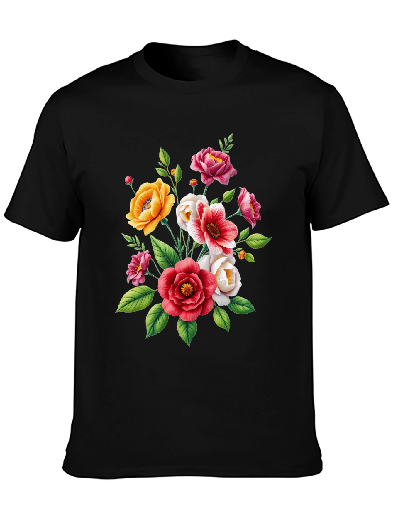 Floral Bouquet Graphic Tee - Black Cotton T-Shirt
