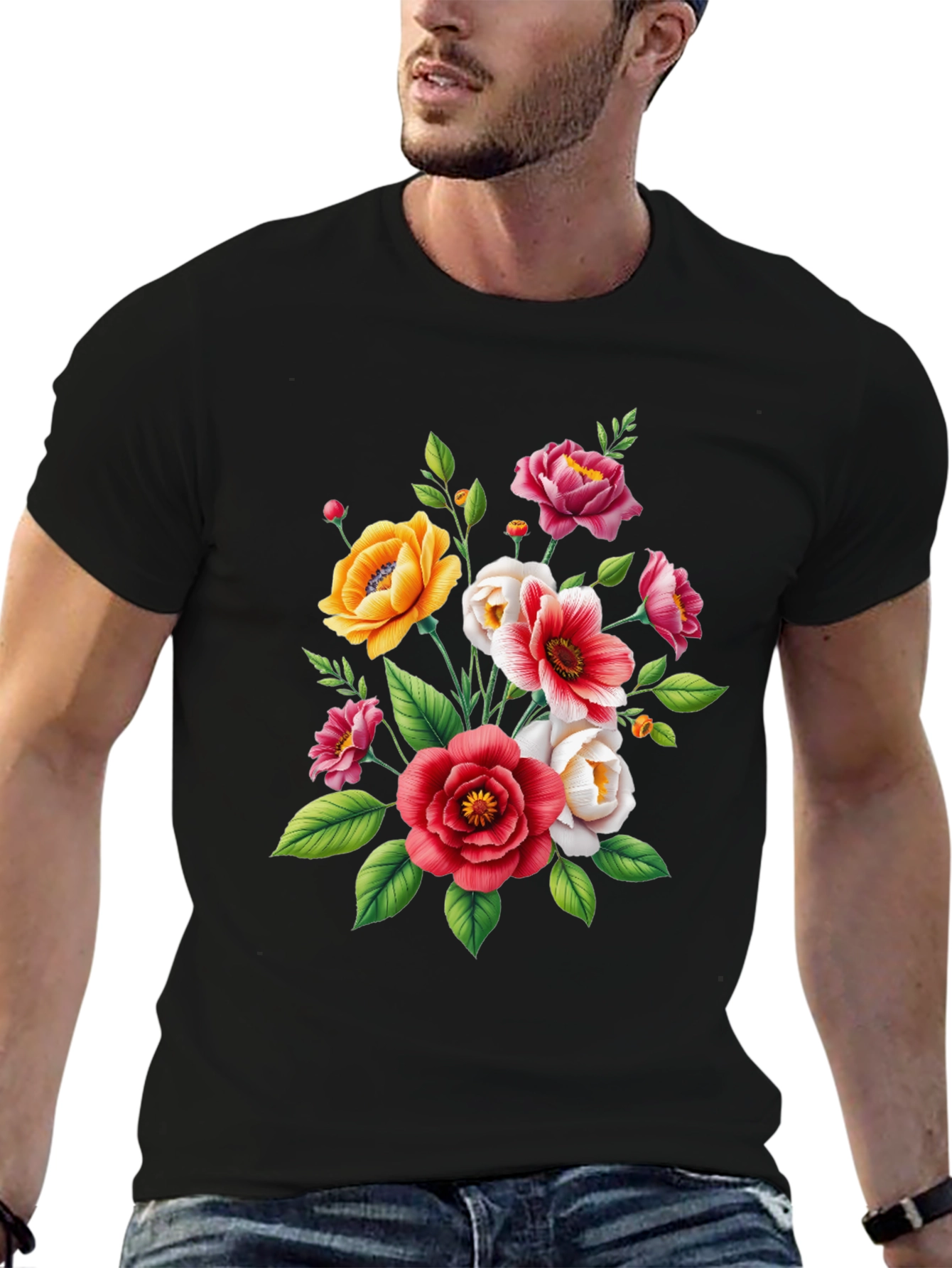Floral Bouquet Graphic Tee - Black Cotton T-Shirt