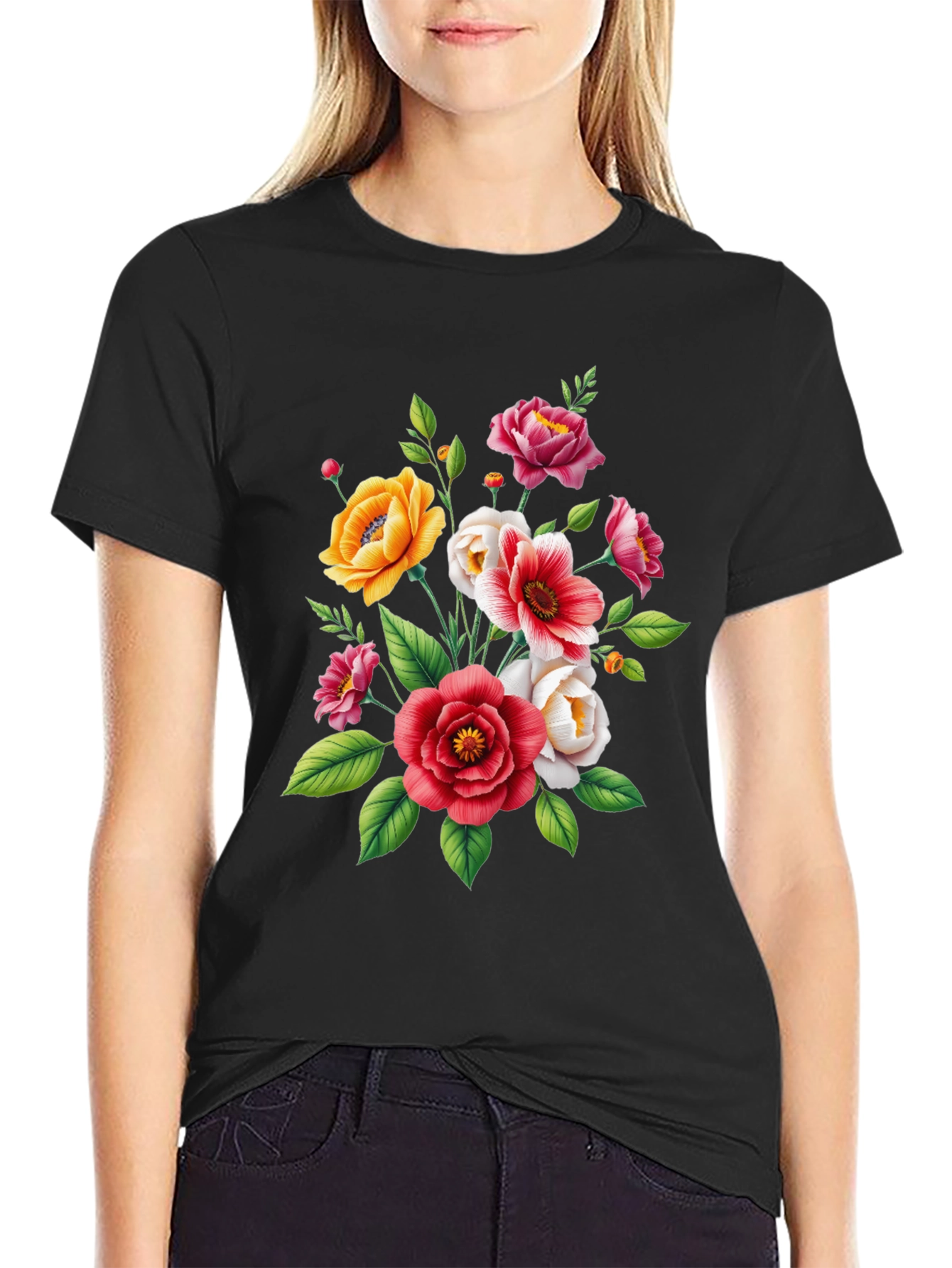 Floral Bouquet Graphic Tee - Black Cotton T-Shirt