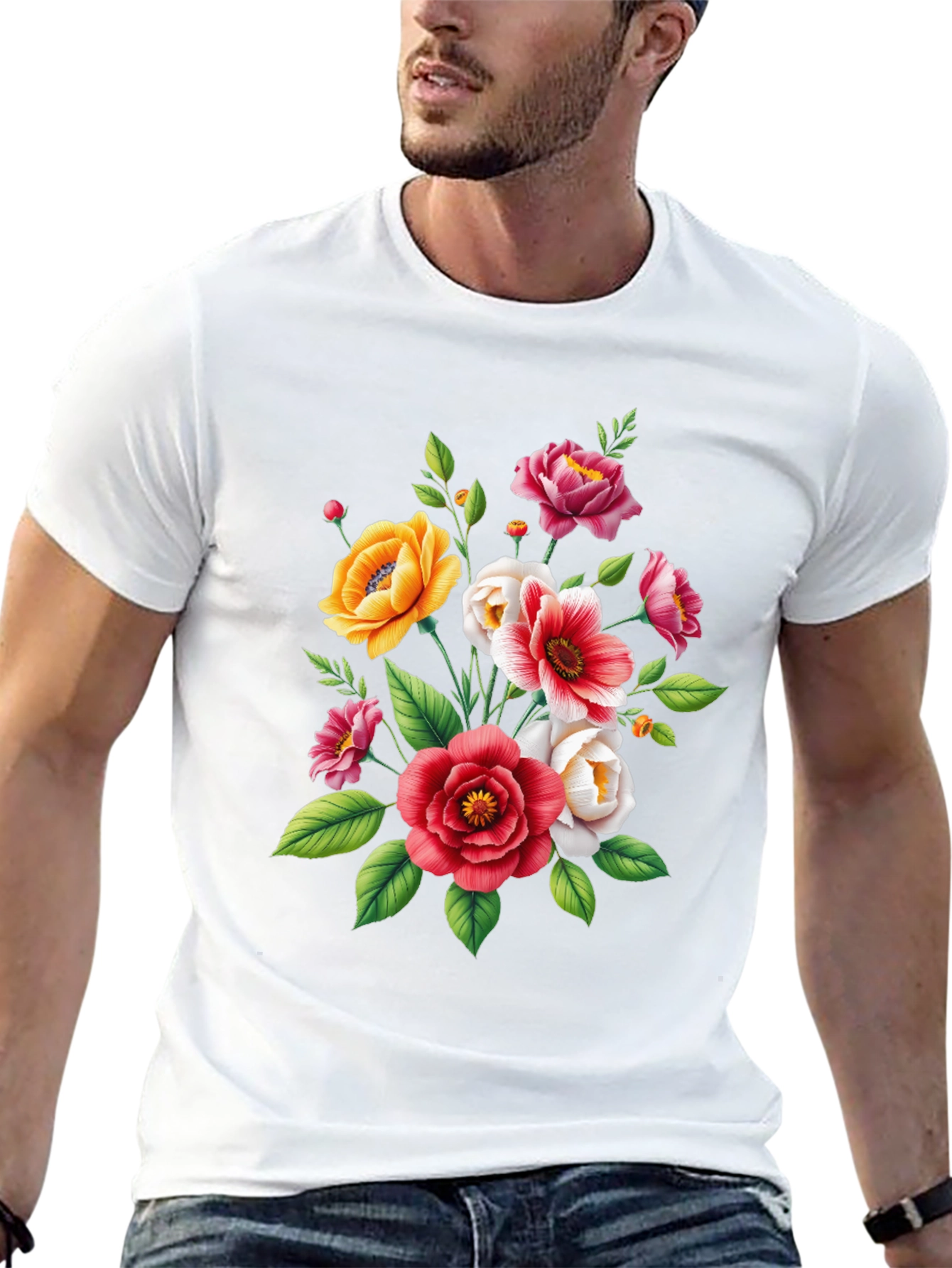 Floral Bouquet Graphic Tee - Black Cotton T-Shirt