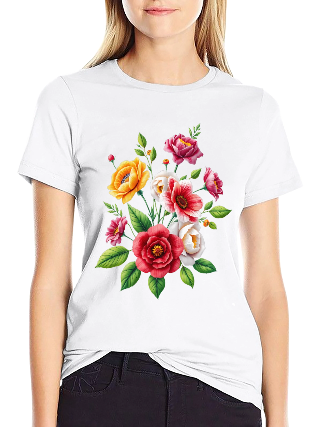 Floral Bouquet Graphic Tee - Black Cotton T-Shirt