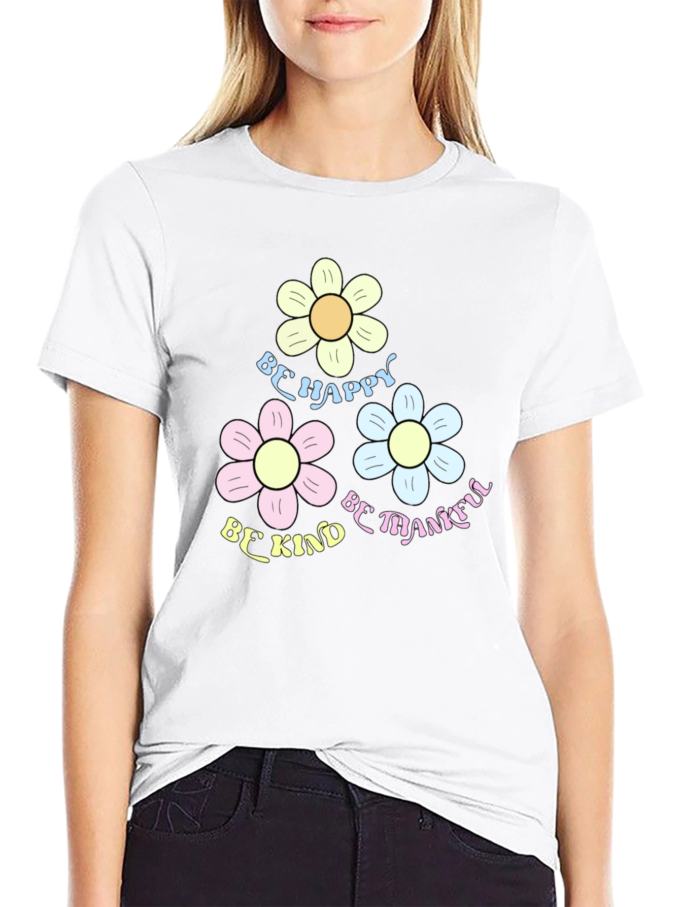 Be Happy Kind Thankful Flower Graphic Tee