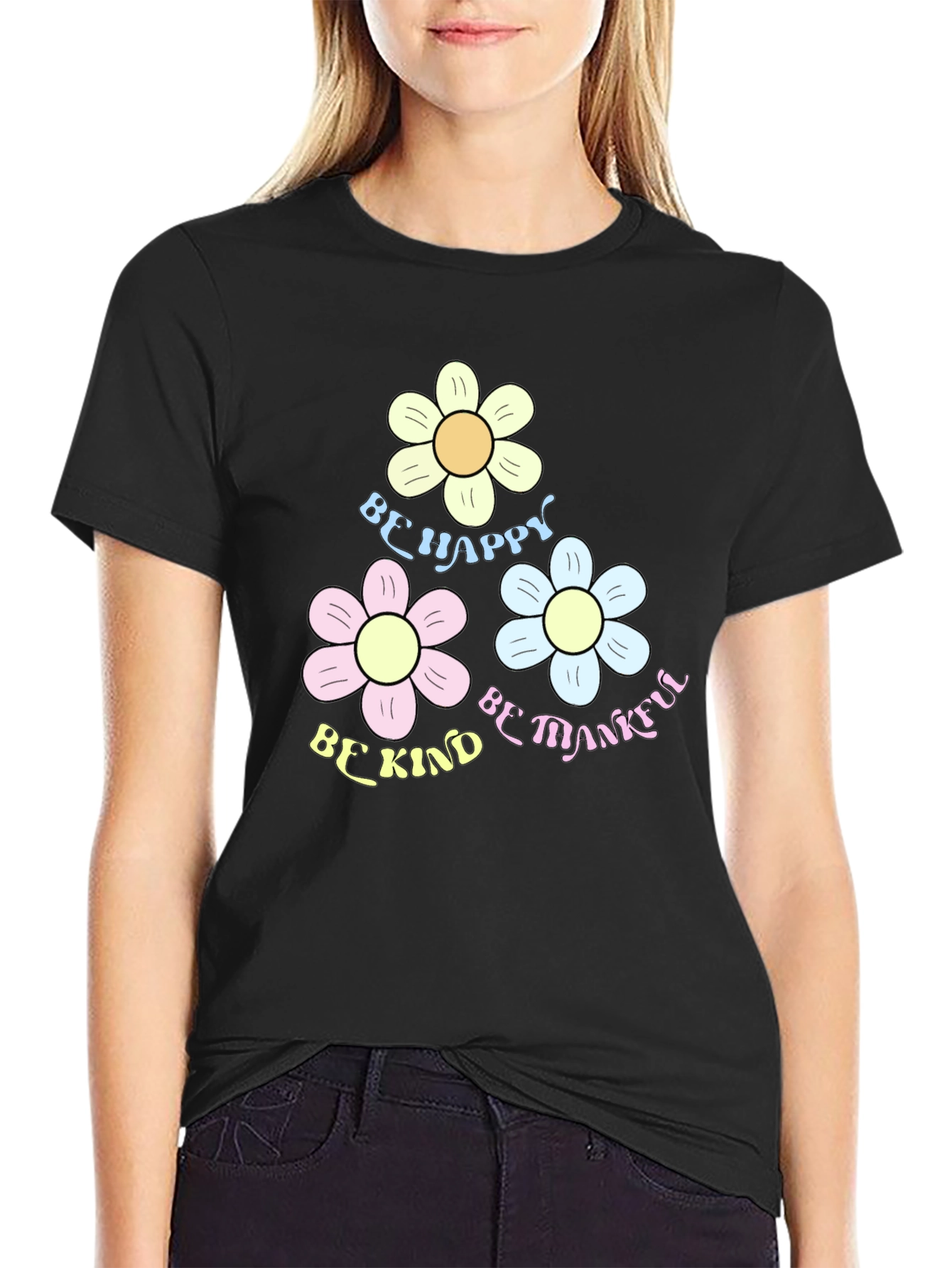 Be Happy Kind Thankful Flower Graphic Tee