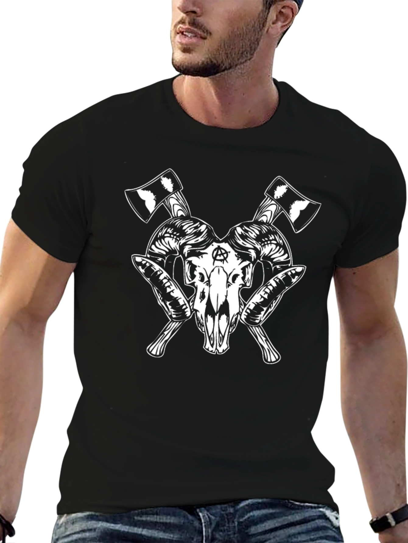Black T-Shirt with Skull & Axe Design