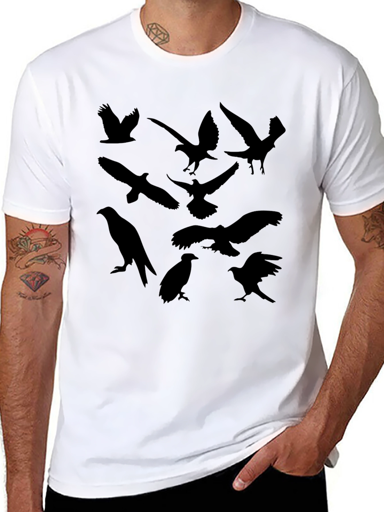 Black T-Shirt with Bird Silhouettes