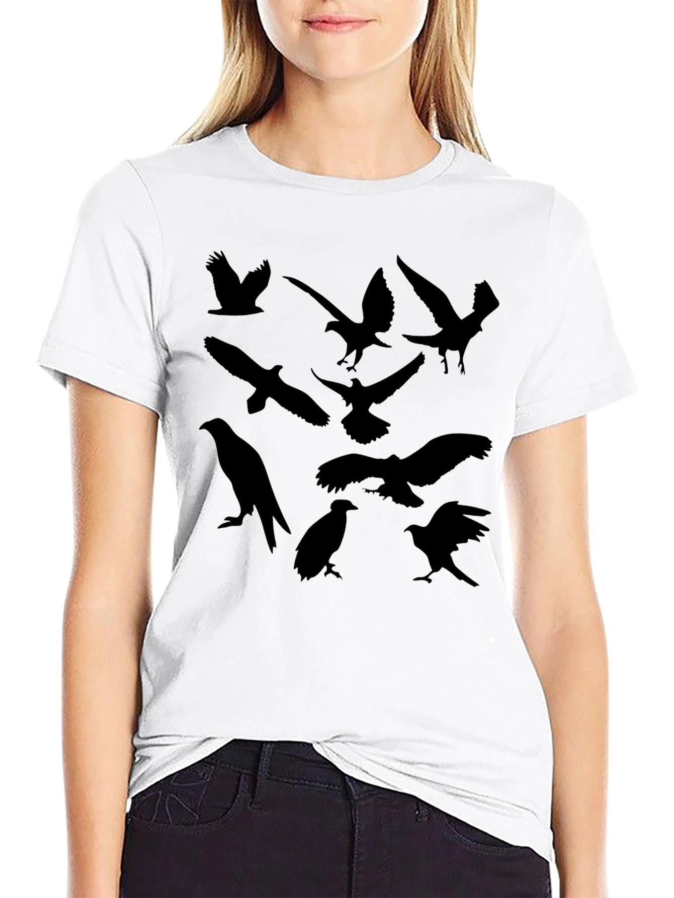 Black T-Shirt with Bird Silhouettes