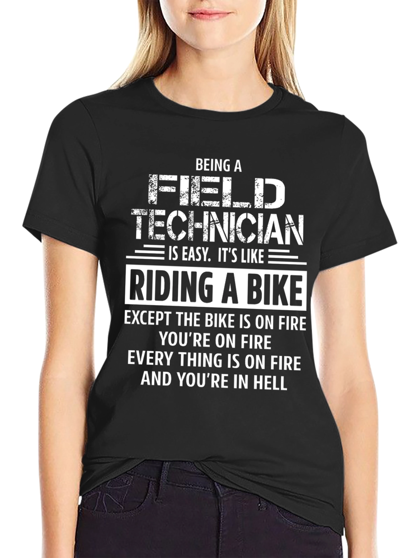 Funny Field Technician T-Shirt: Riding a Bike in Hell