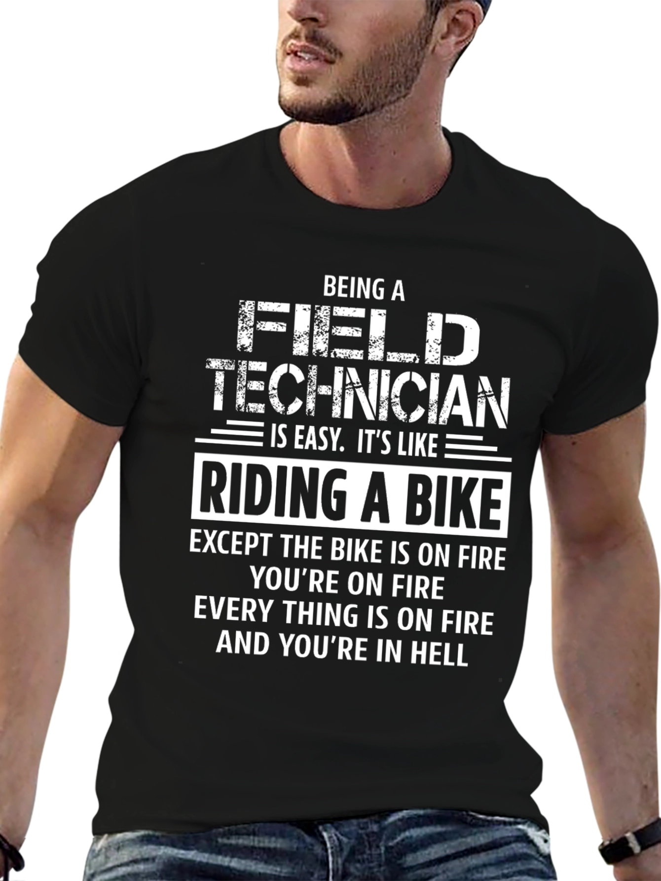 Funny Field Technician T-Shirt: Riding a Bike in Hell