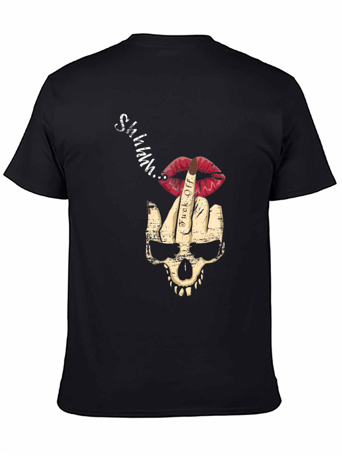 Skull Middle Finger Lips Mens Black Graphic T-Shirt
