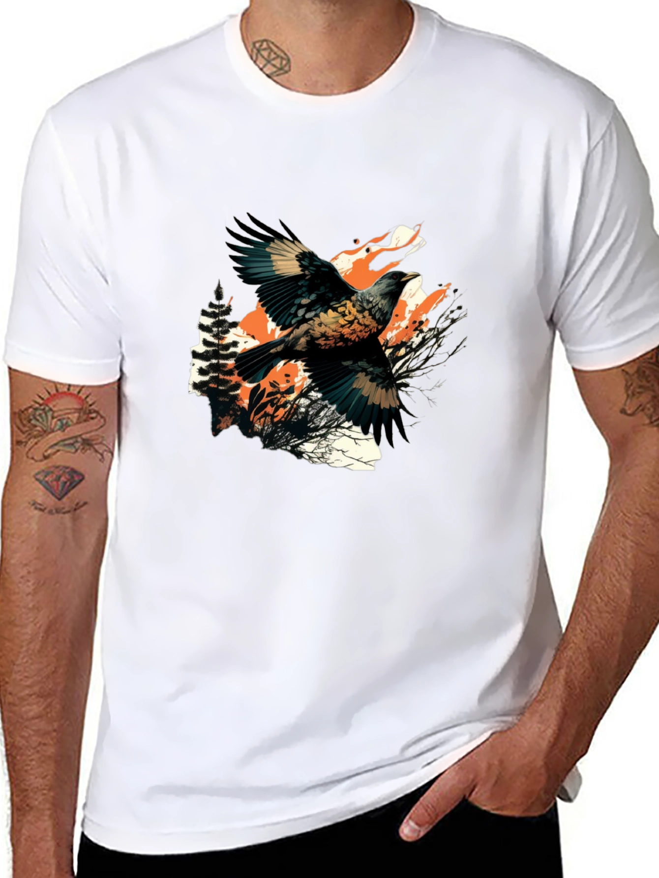 Black T-Shirt with Bird and Wolf Graphic
