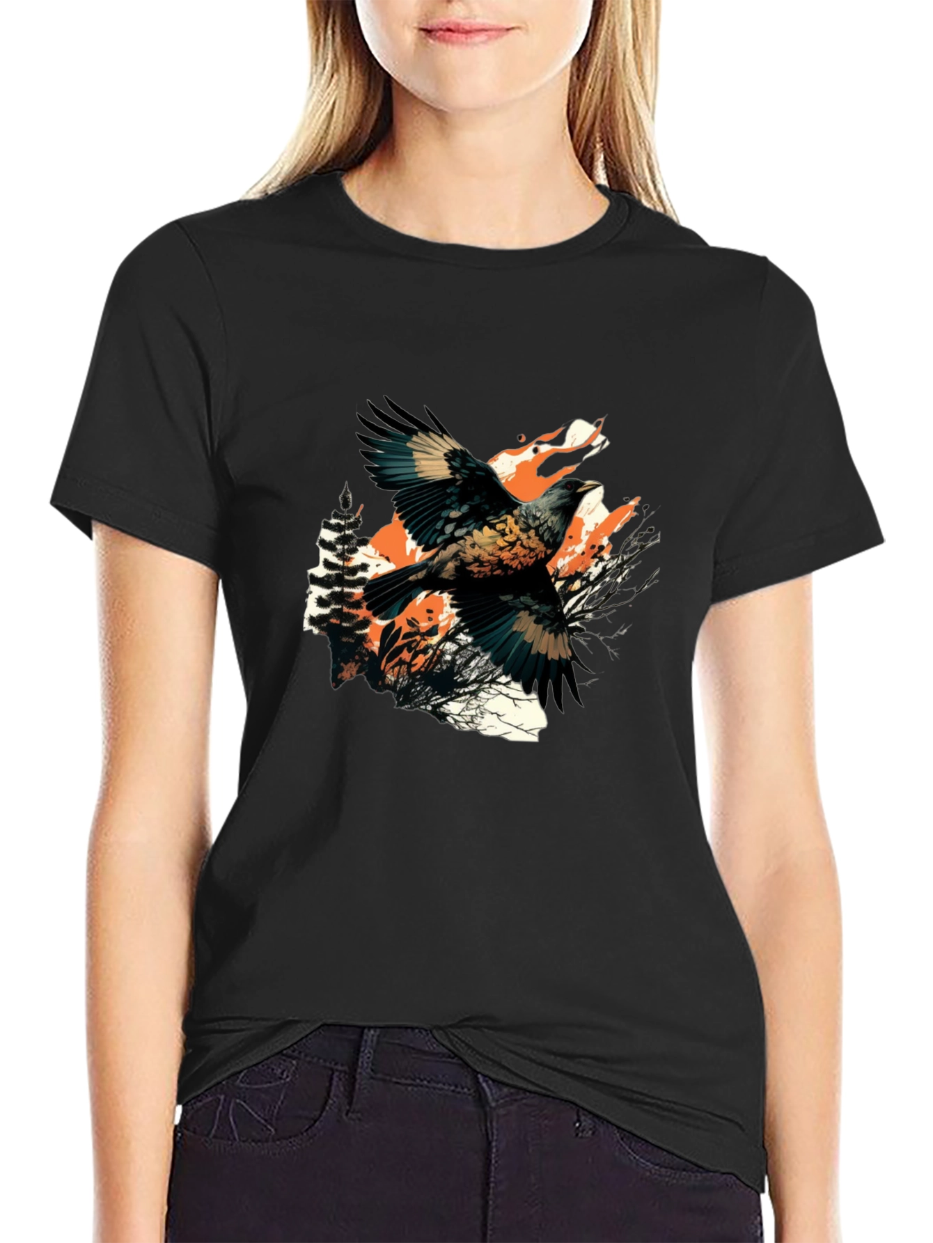 Black T-Shirt with Bird and Wolf Graphic