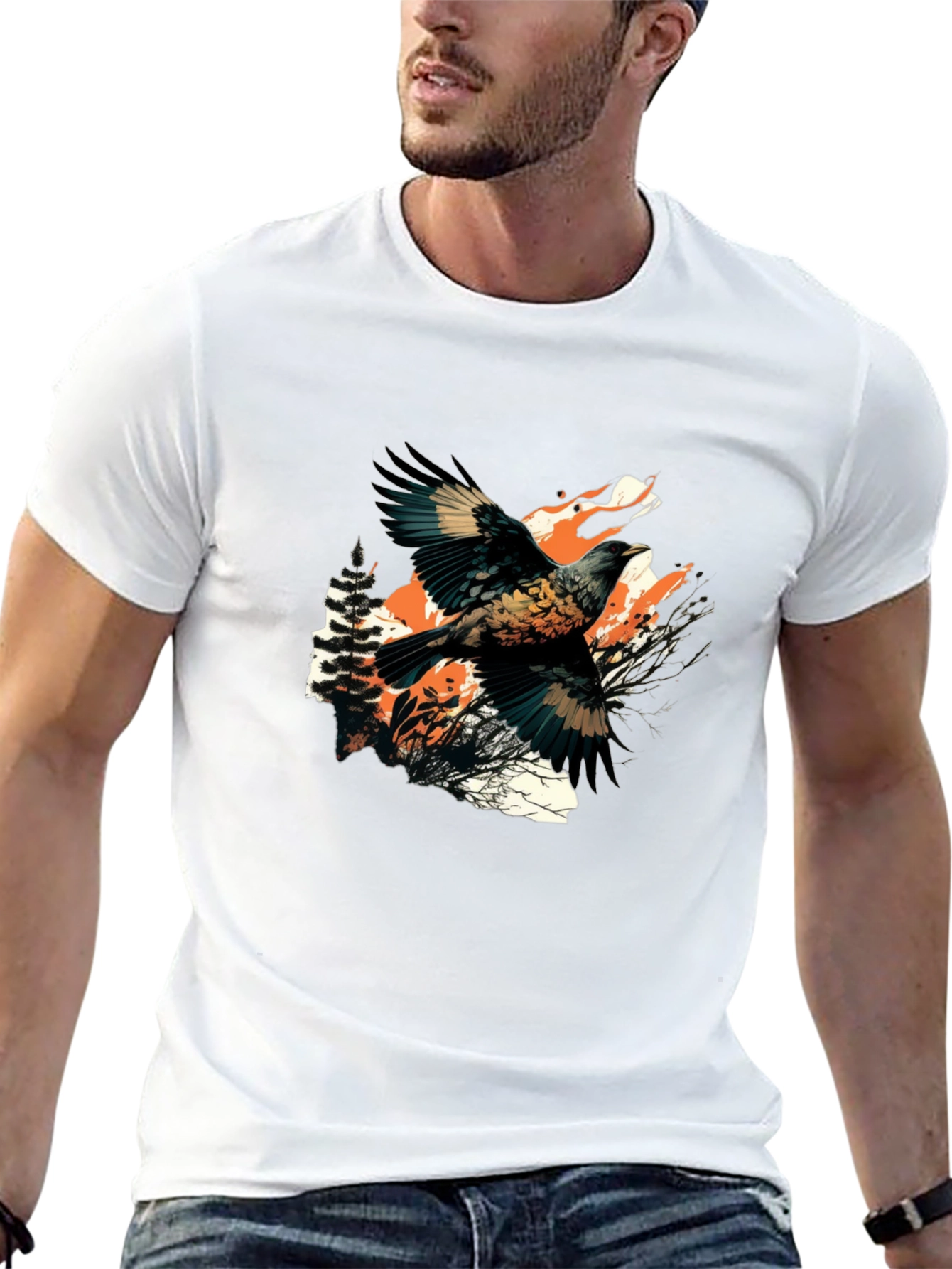 Black T-Shirt with Bird and Wolf Graphic