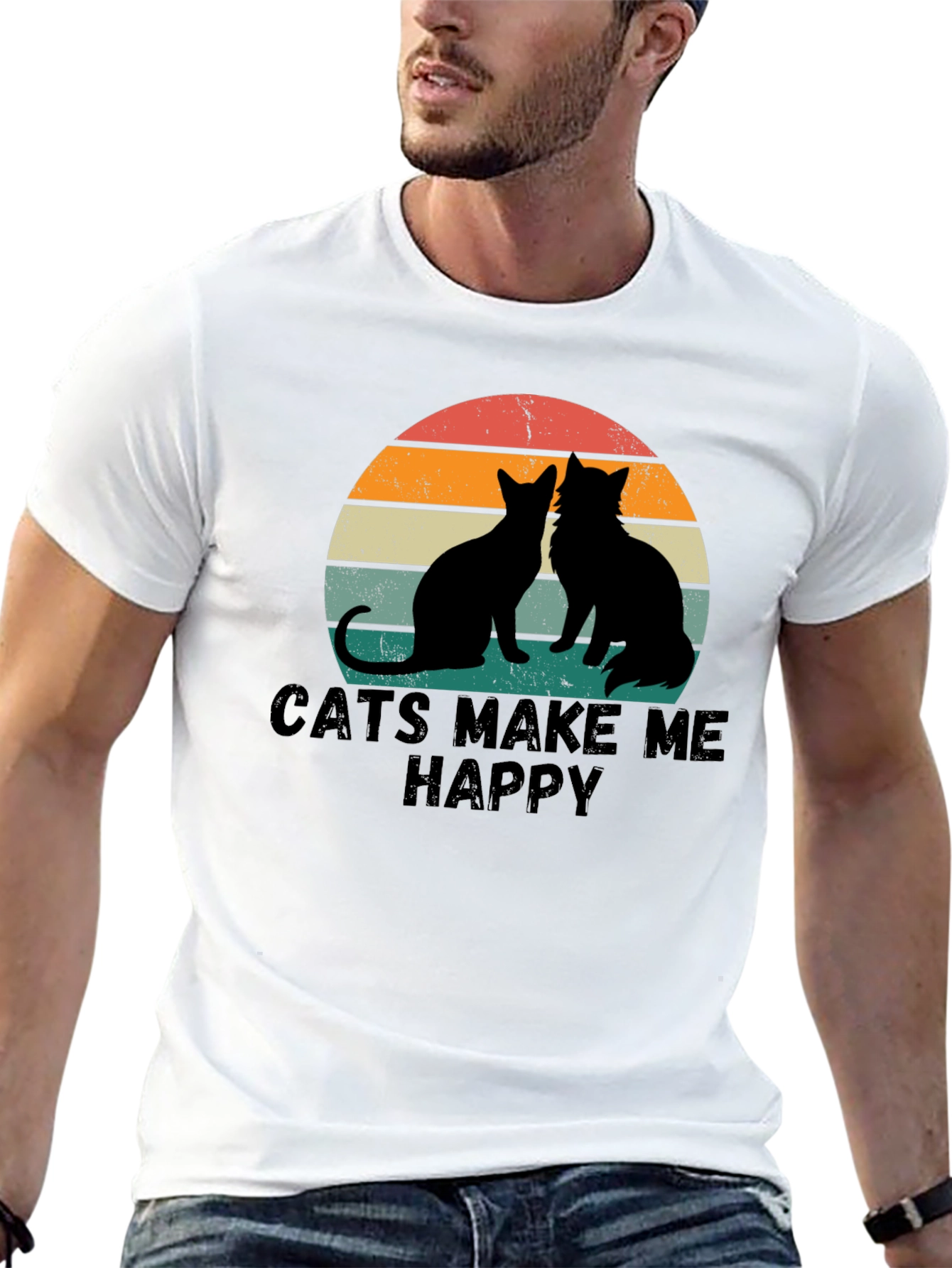 Cats Make Me Happy Retro Graphic T-Shirt