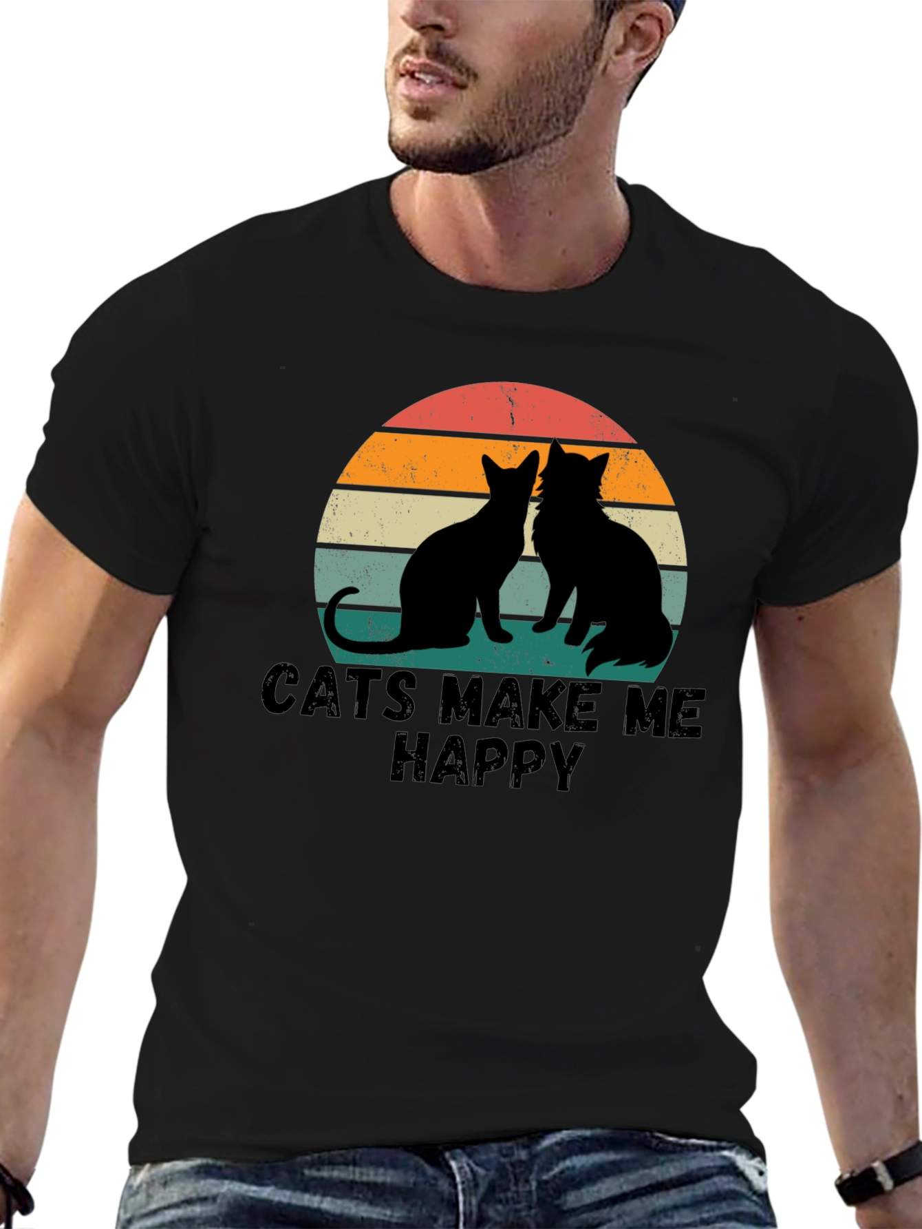 Cats Make Me Happy Retro Graphic T-Shirt