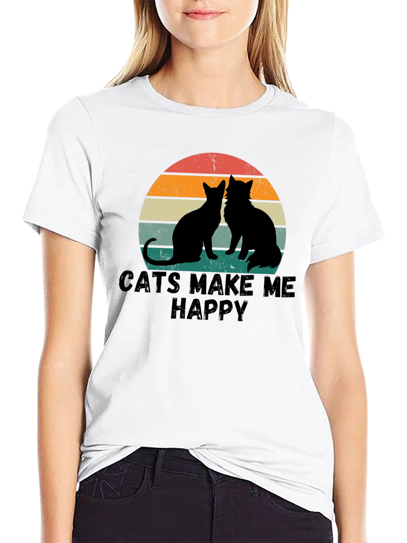 Cats Make Me Happy Retro Graphic T-Shirt