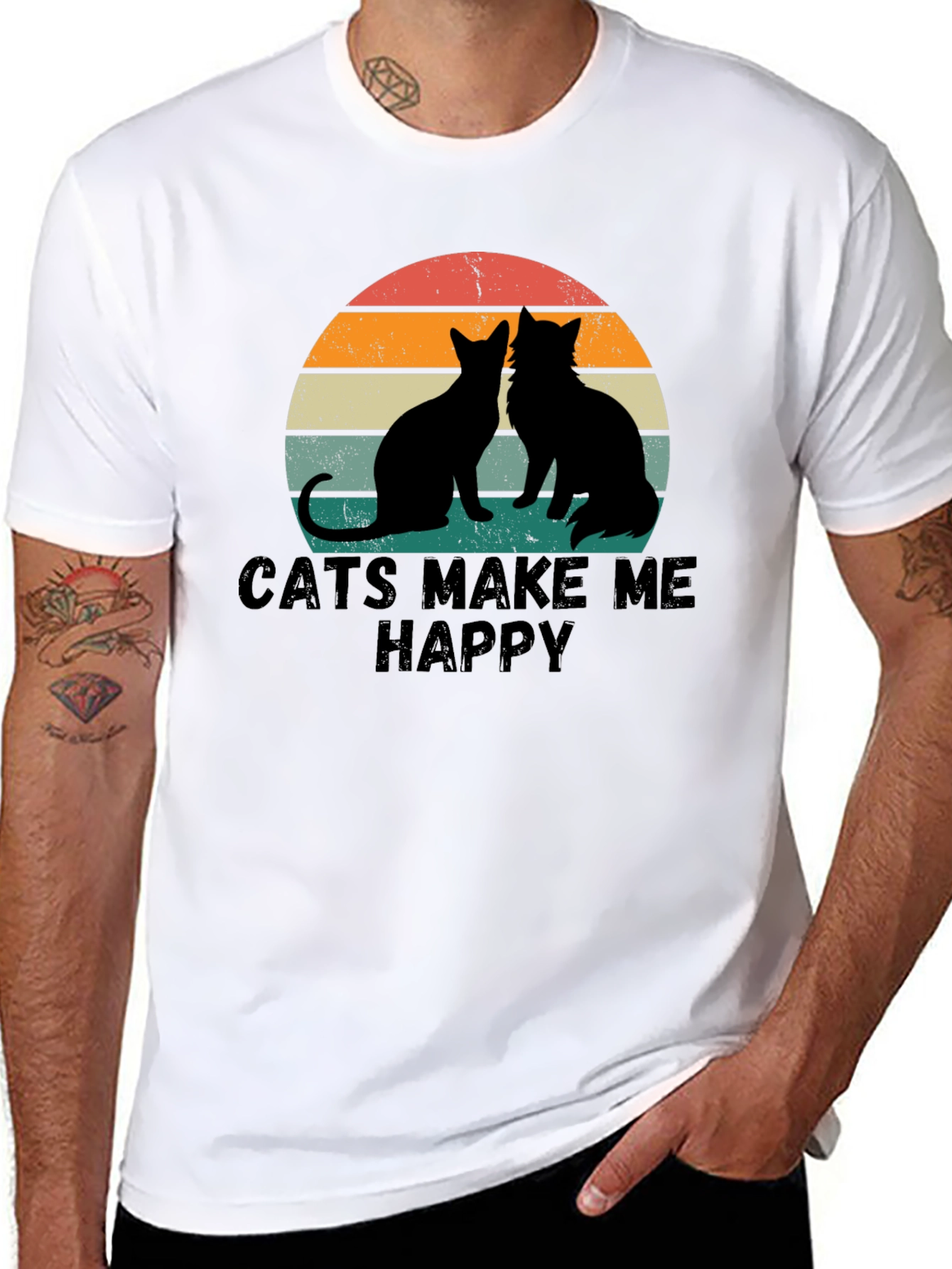 Cats Make Me Happy Retro Graphic T-Shirt
