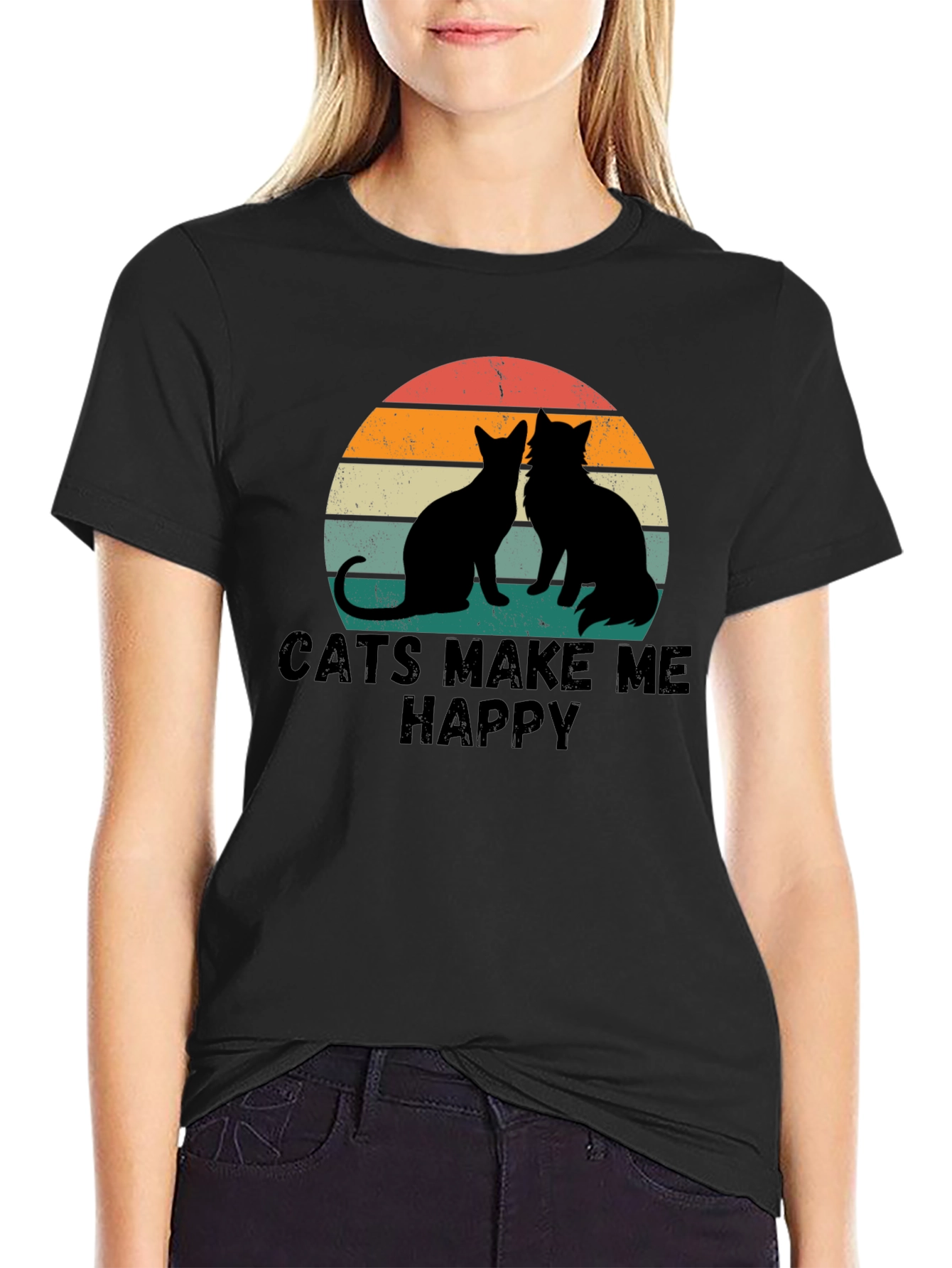 Cats Make Me Happy Retro Graphic T-Shirt