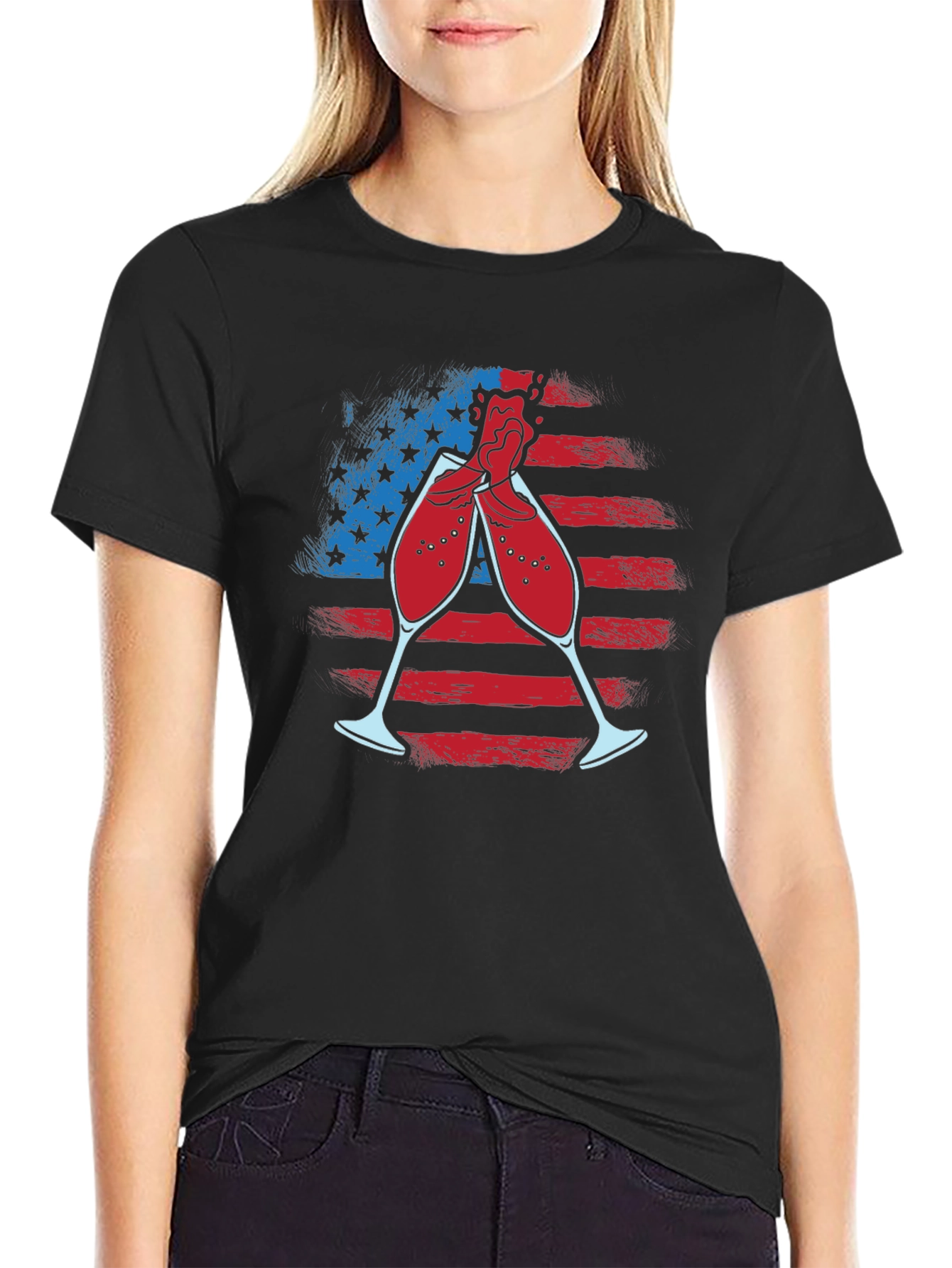 Patriotic Wine Toast T-Shirt - USA Flag Celebration