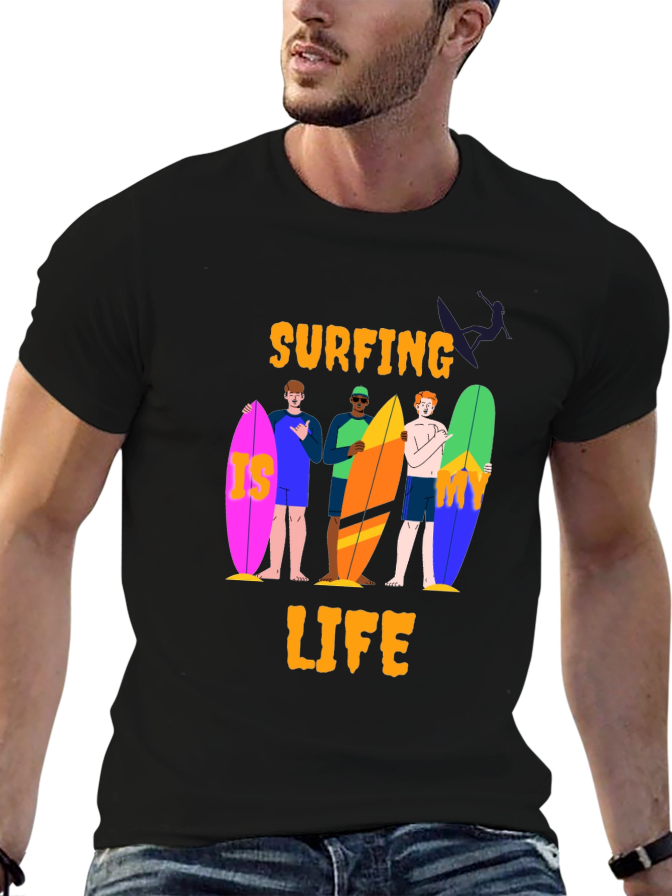 Surfing Life Graphic Tee - Black Cotton T-Shirt