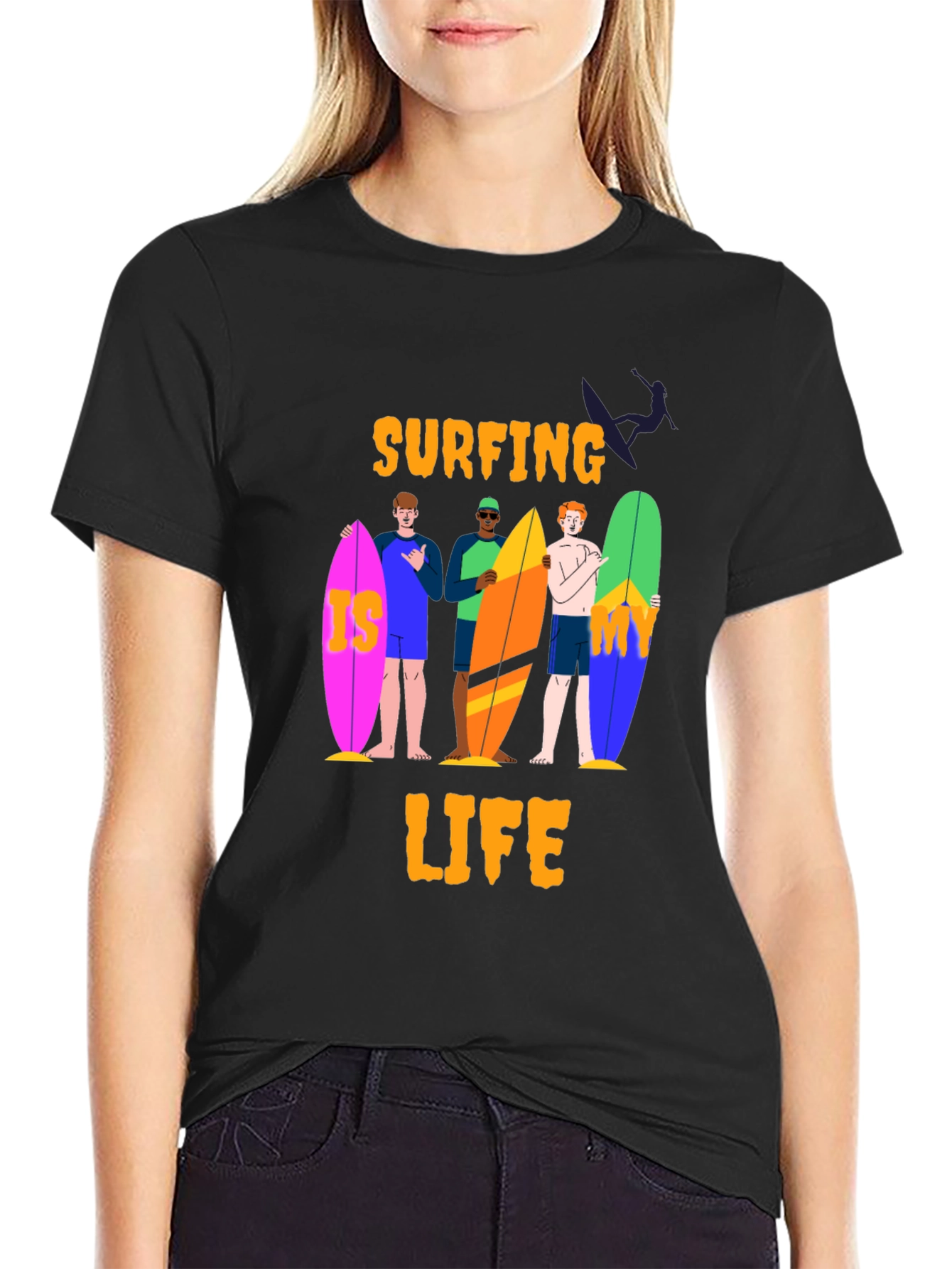 Surfing Life Graphic Tee - Black Cotton T-Shirt