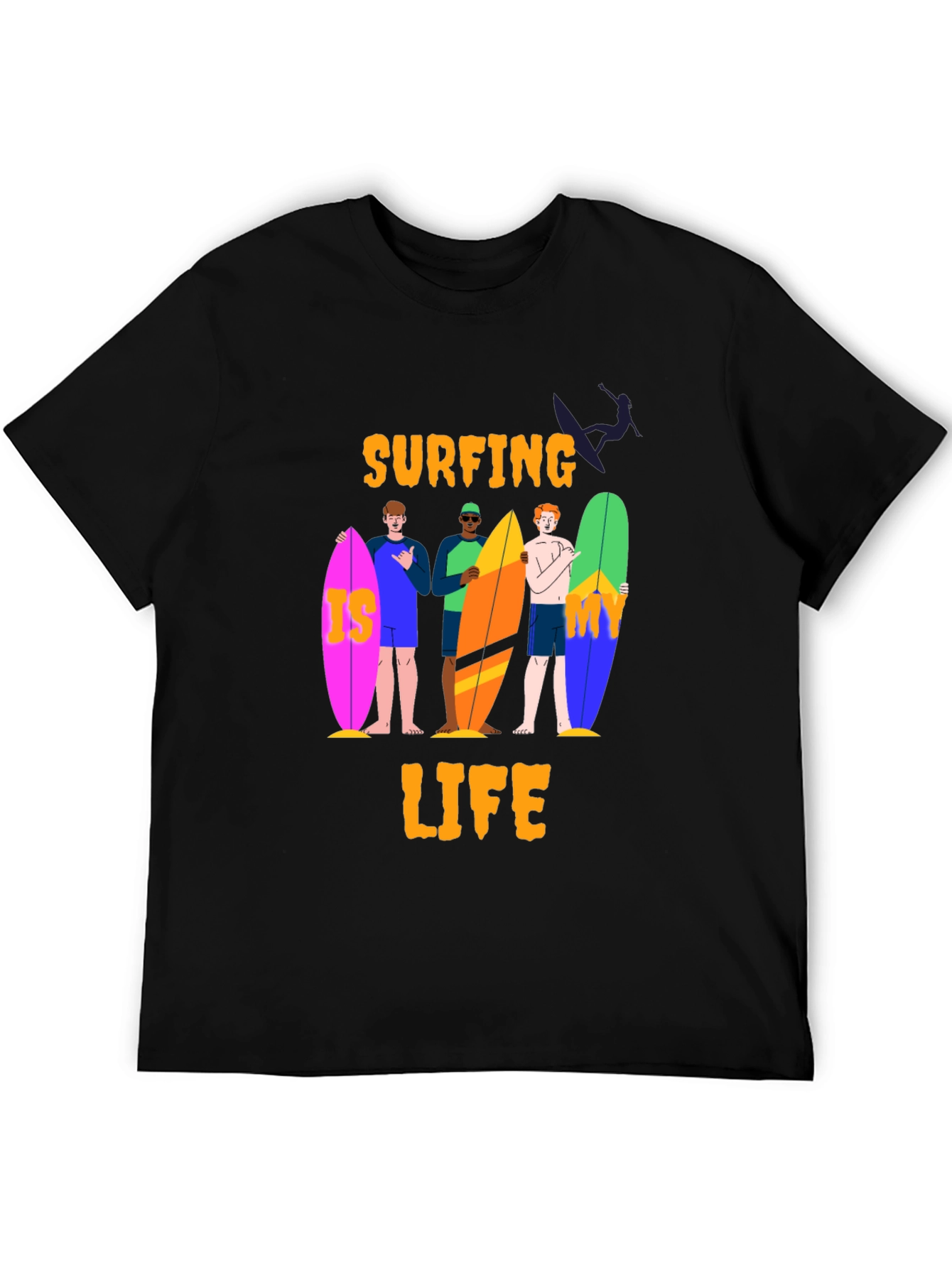 Surfing Life Graphic Tee - Black Cotton T-Shirt