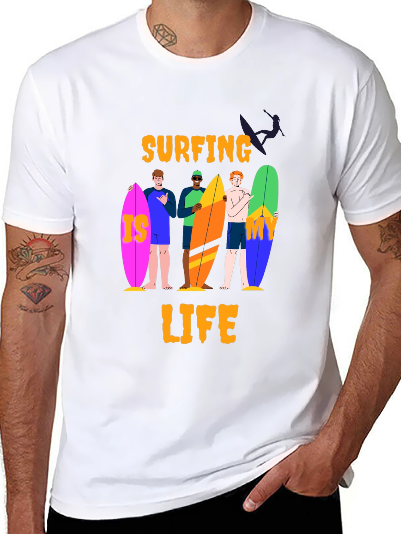 Surfing Life Graphic Tee - Black Cotton T-Shirt
