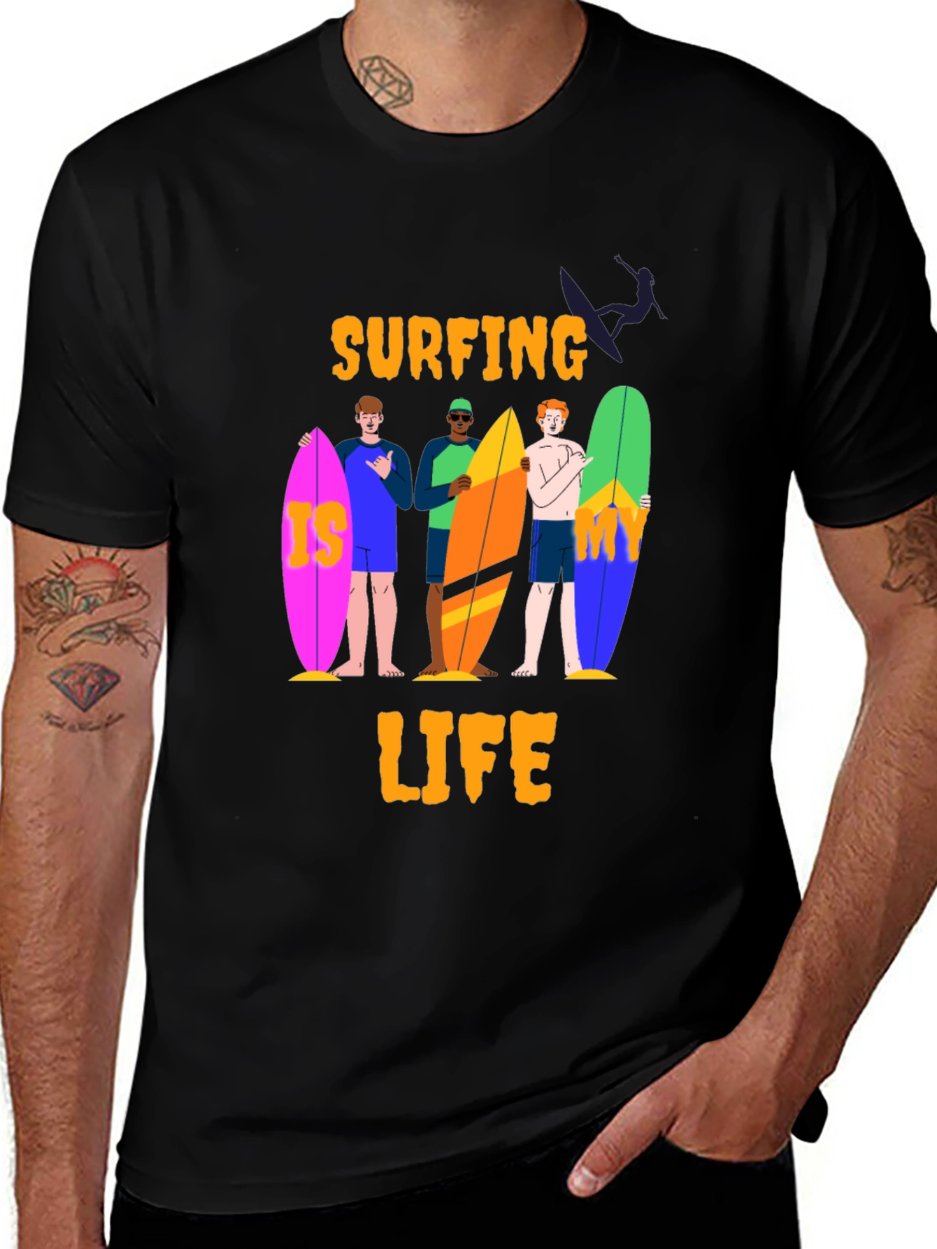 Surfing Life Graphic Tee - Black Cotton T-Shirt