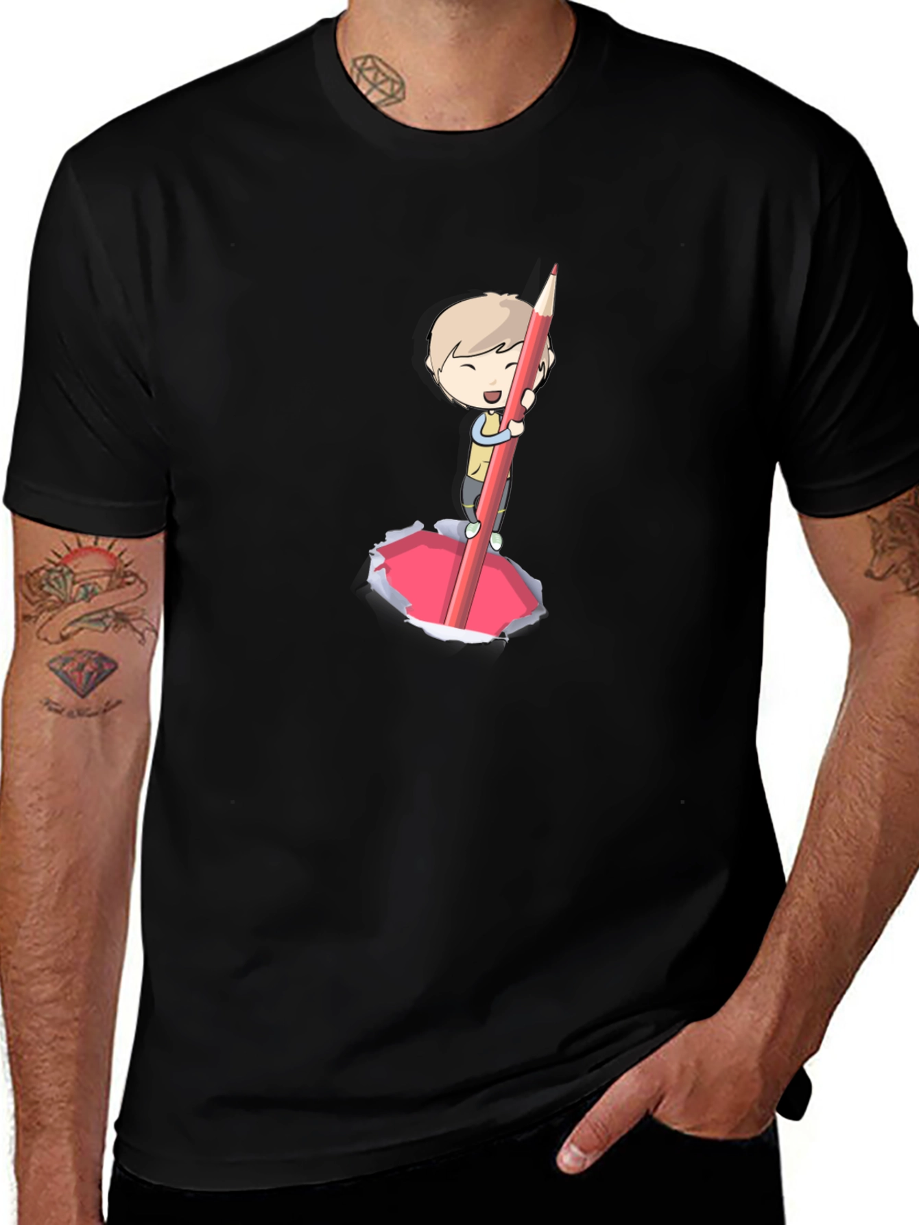 Cartoon Boy Pencil Art Black T-Shirt