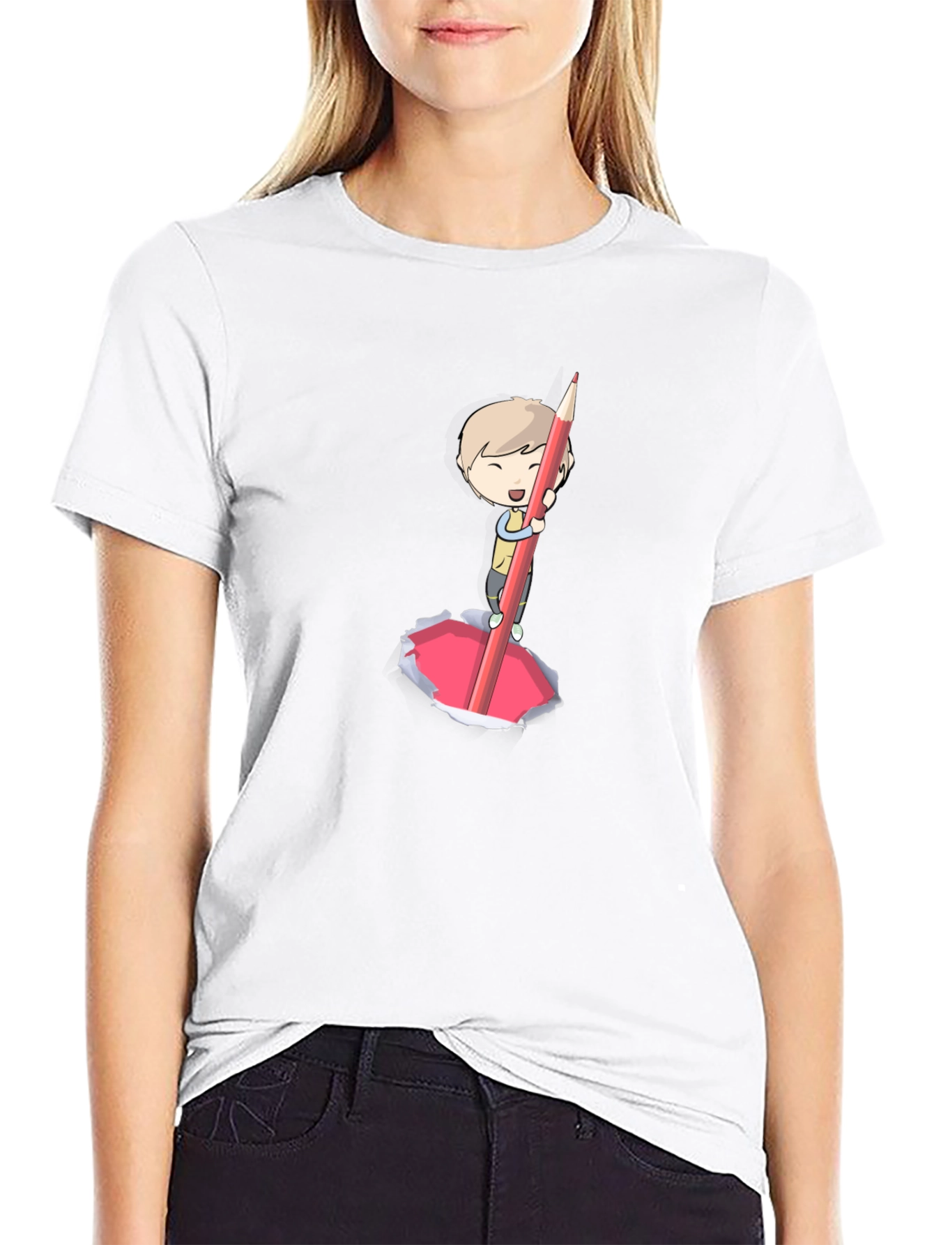 Cartoon Boy Pencil Art Black T-Shirt
