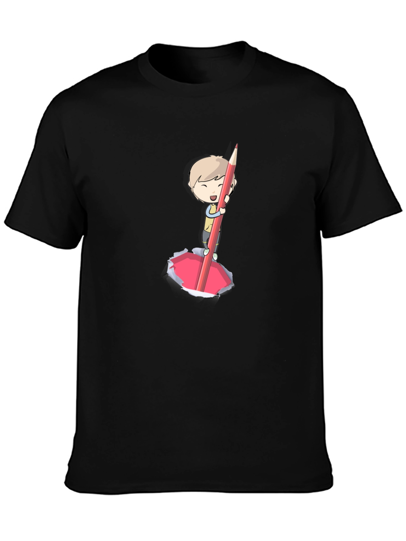 Cartoon Boy Pencil Art Black T-Shirt