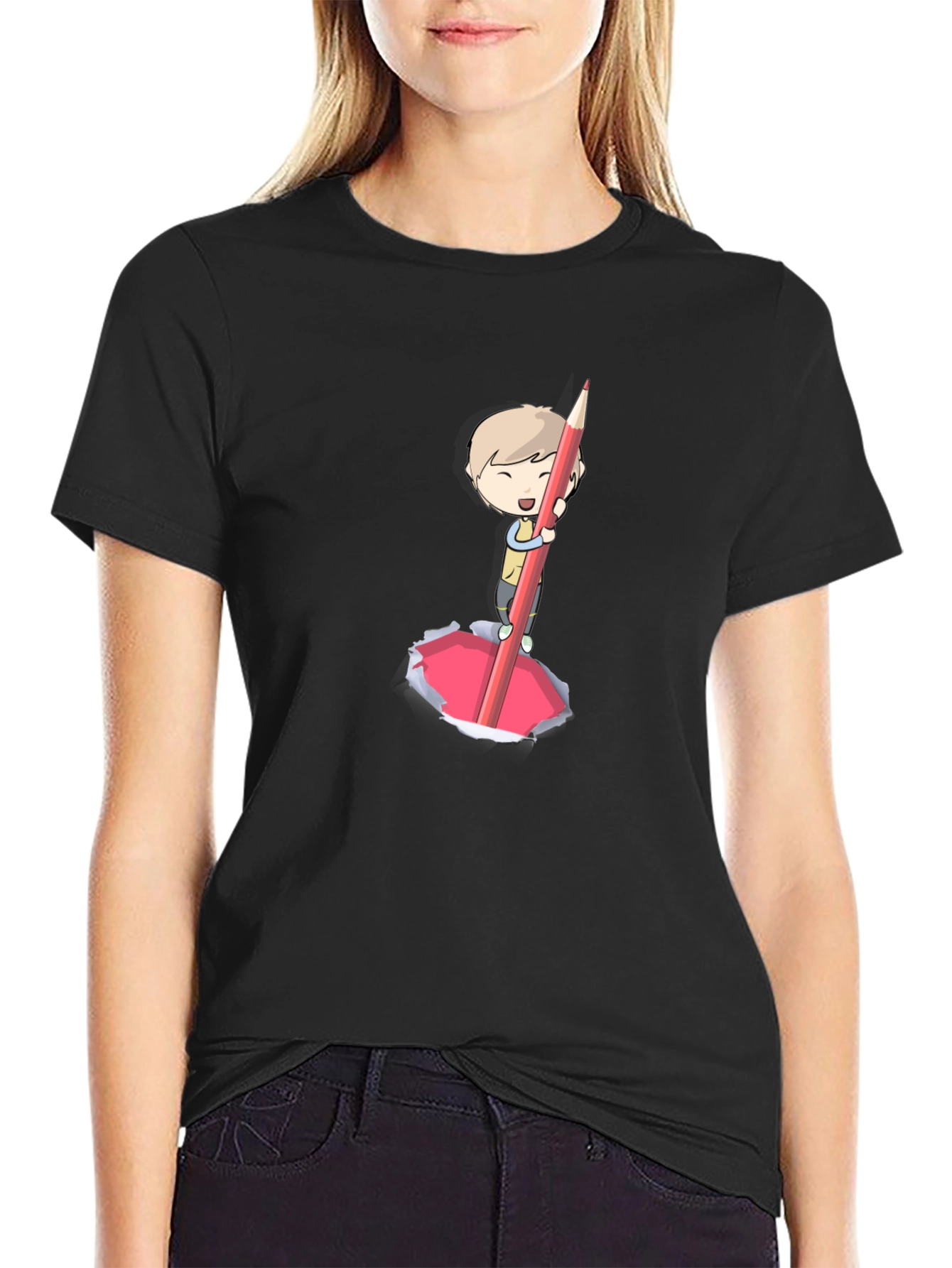 Cartoon Boy Pencil Art Black T-Shirt