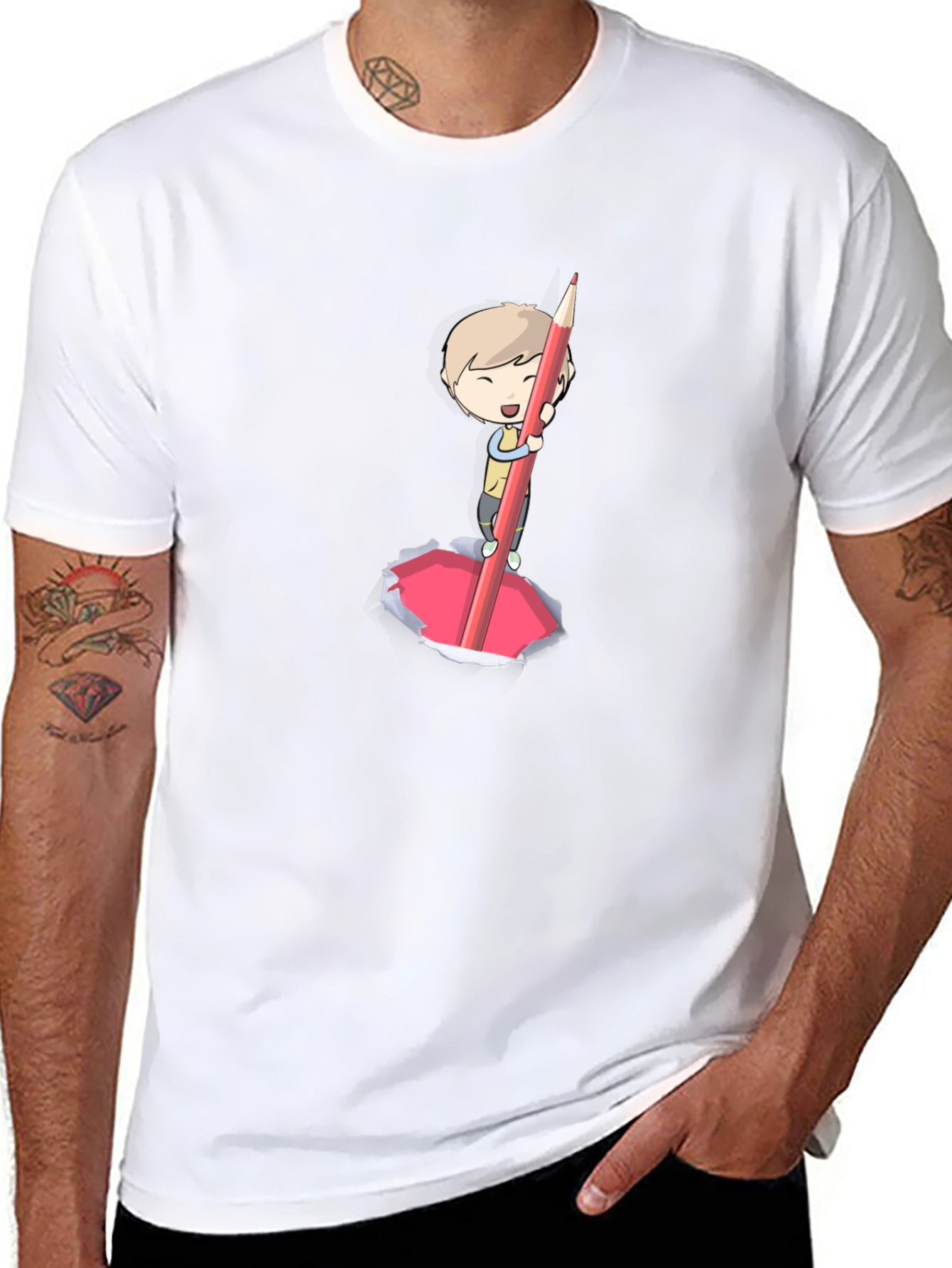 Cartoon Boy Pencil Art Black T-Shirt