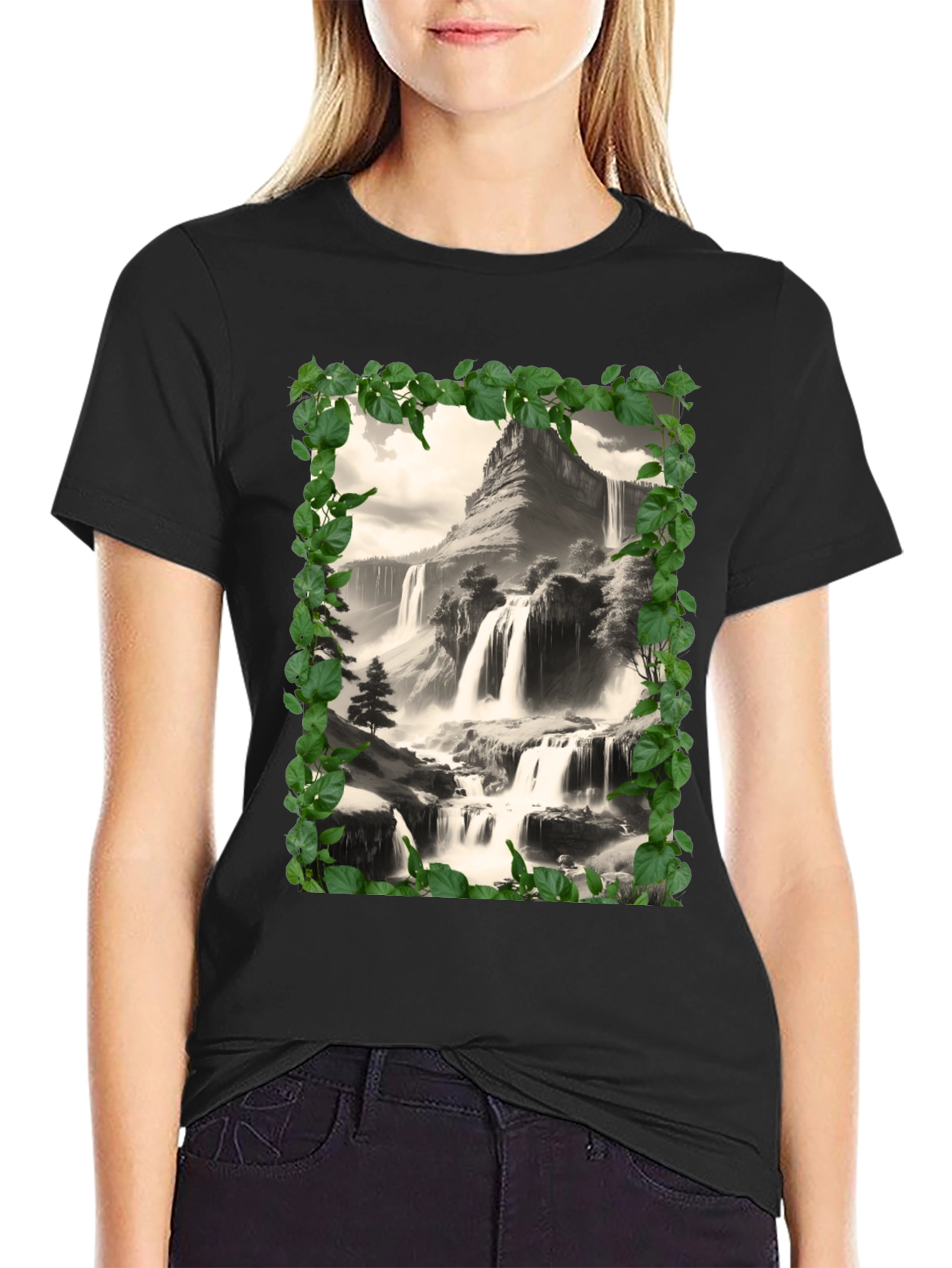 Waterfall Scenic Black T-Shirt