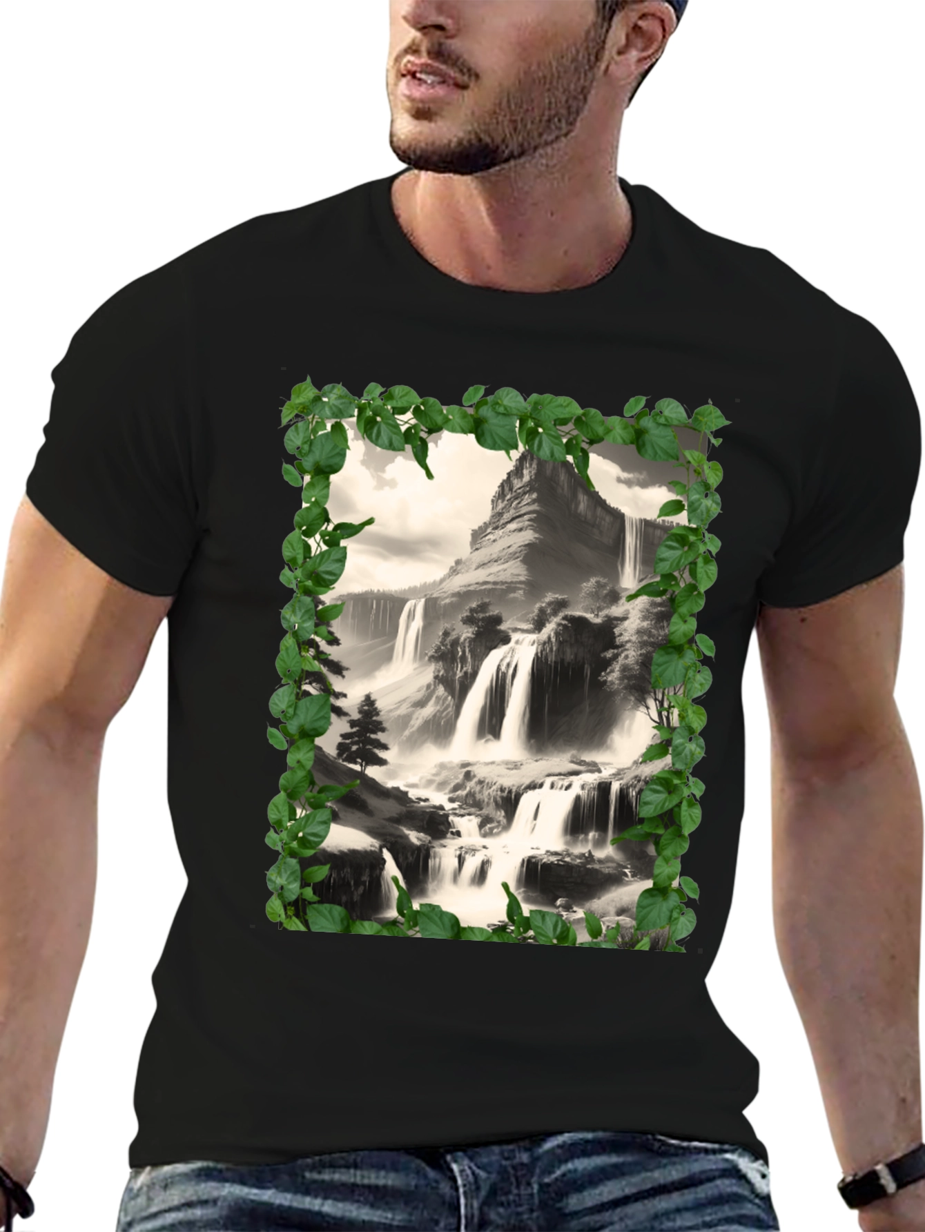 Waterfall Scenic Black T-Shirt