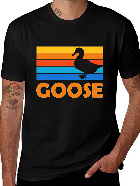 Goose Silhouette Retro Striped Graphic T-Shirt