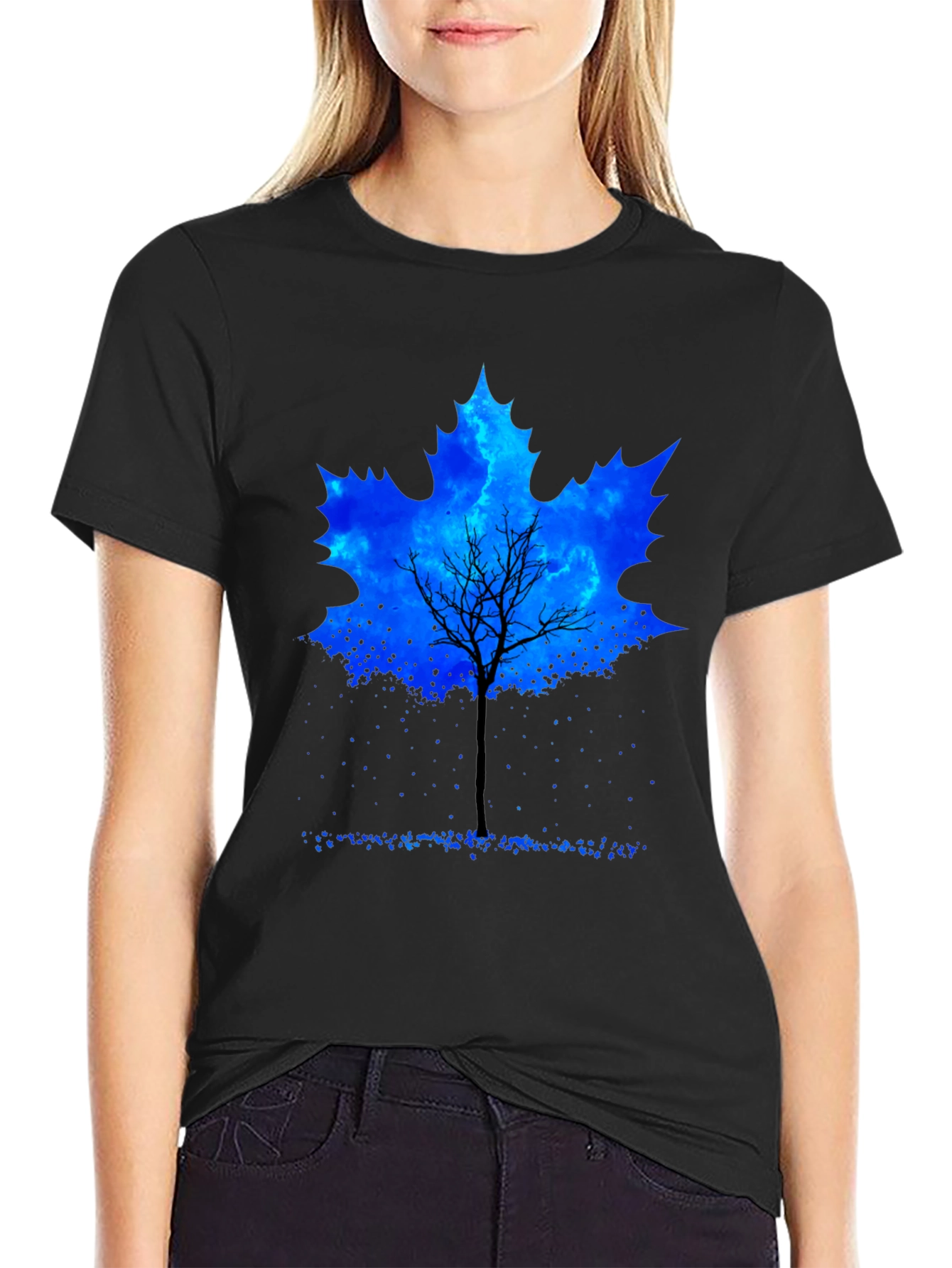 Leaf Tree Graphic Tee - Black Cotton Casual Shirt