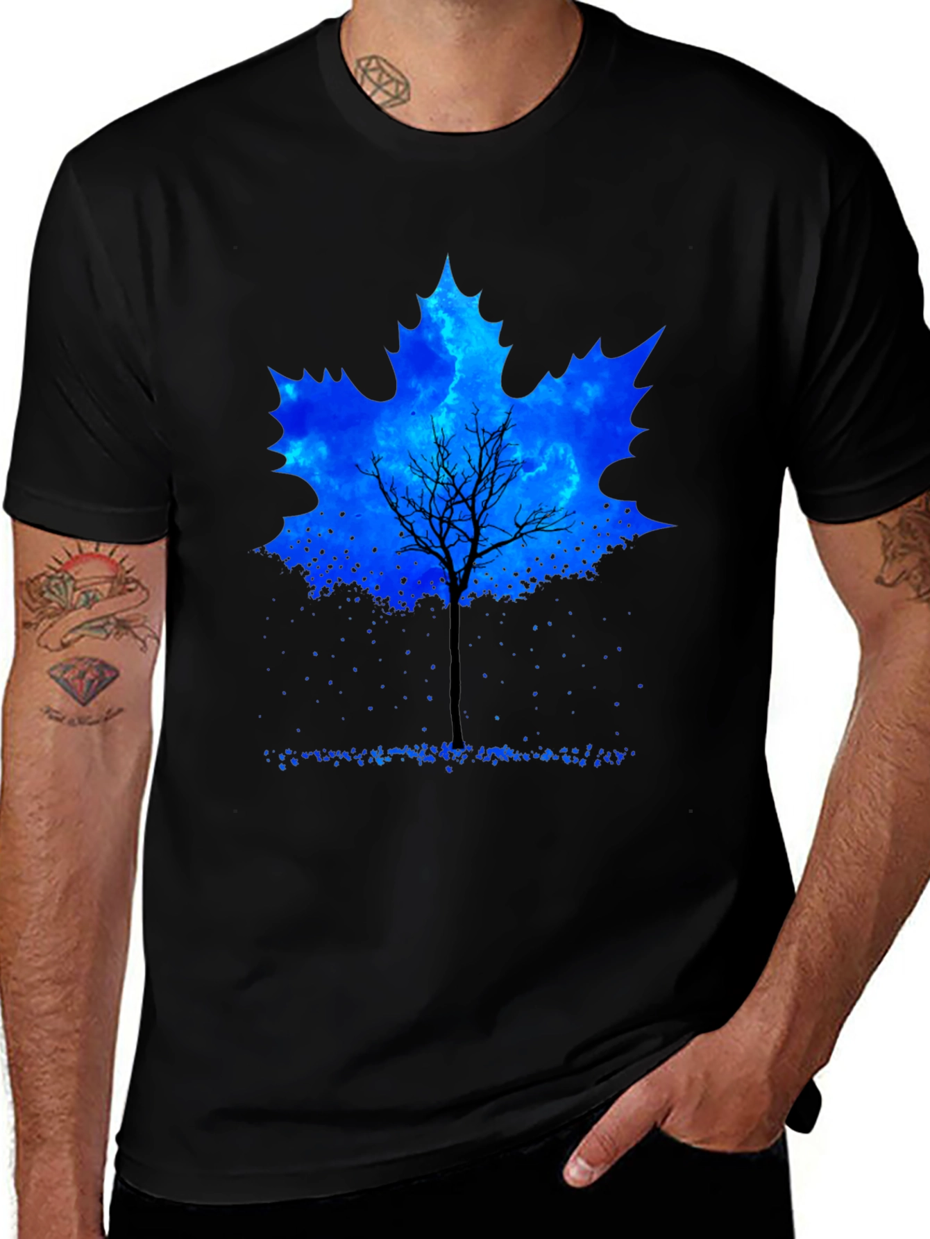 Leaf Tree Graphic Tee - Black Cotton Casual Shirt