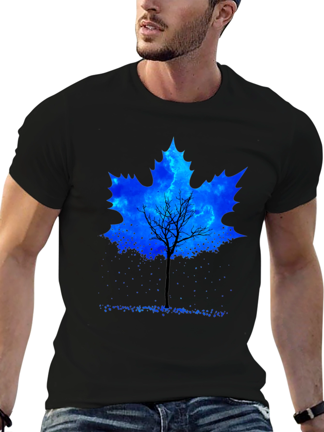 Leaf Tree Graphic Tee - Black Cotton Casual Shirt