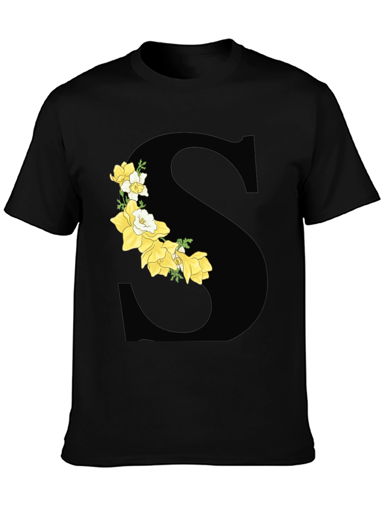 Floral Letter S Black Graphic Tee