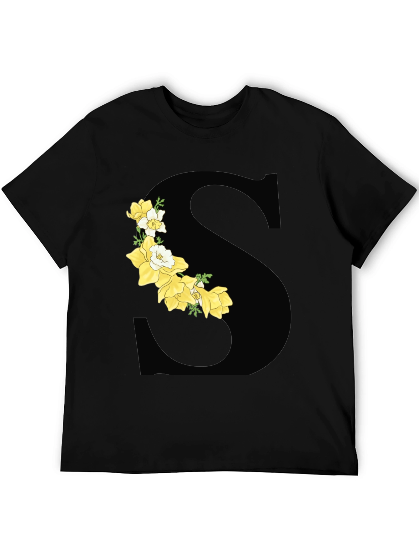 Floral Letter S Black Graphic Tee