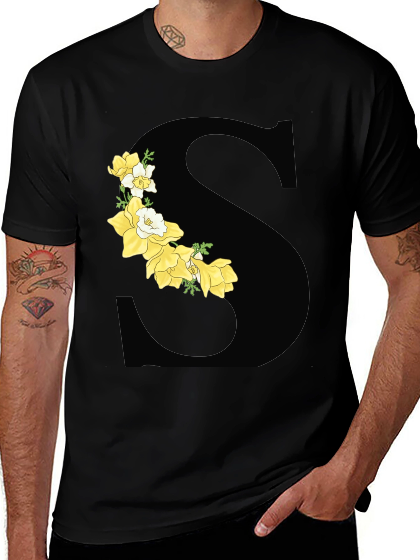 Floral Letter S Black Graphic Tee