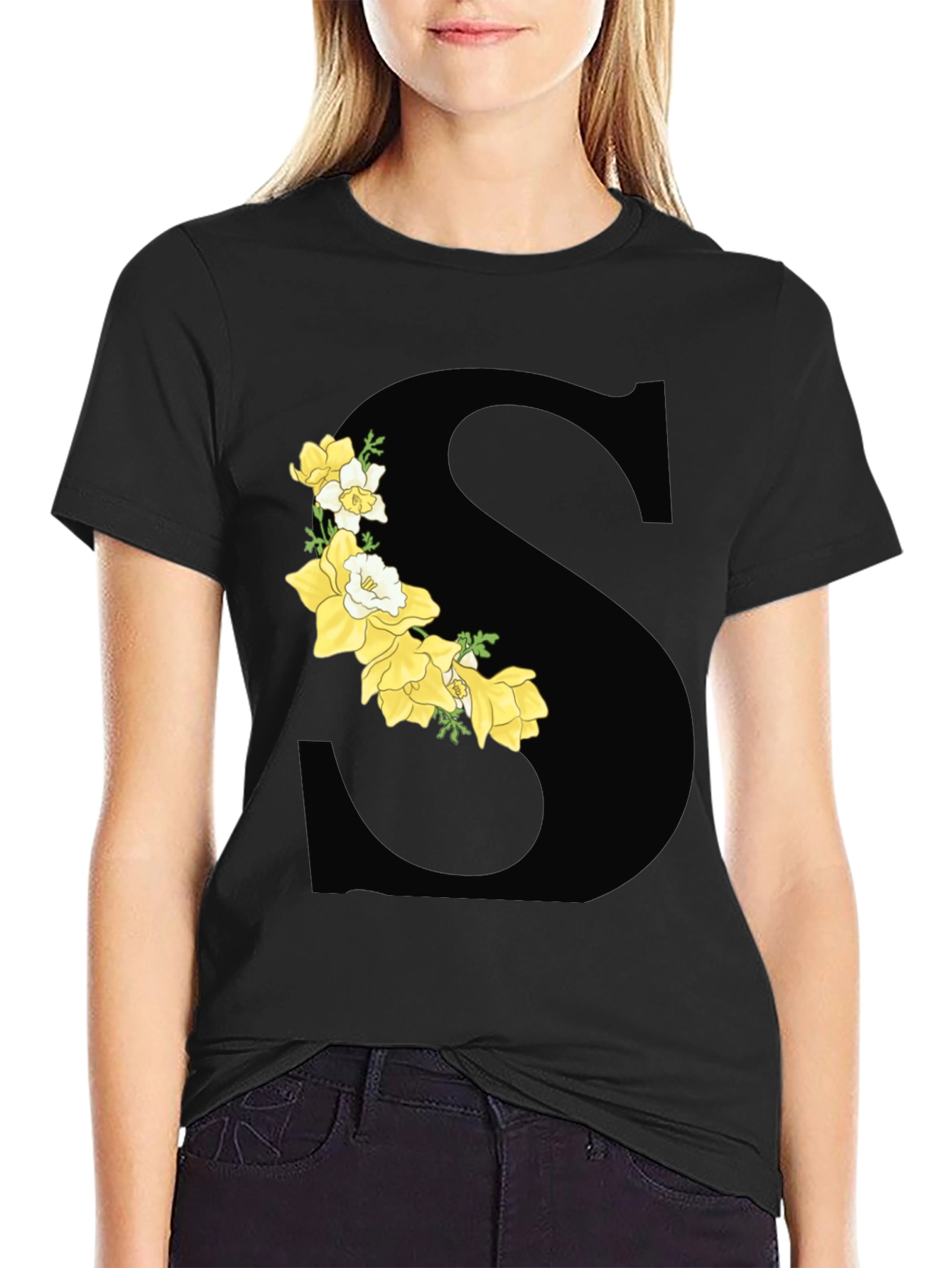 Floral Letter S Black Graphic Tee