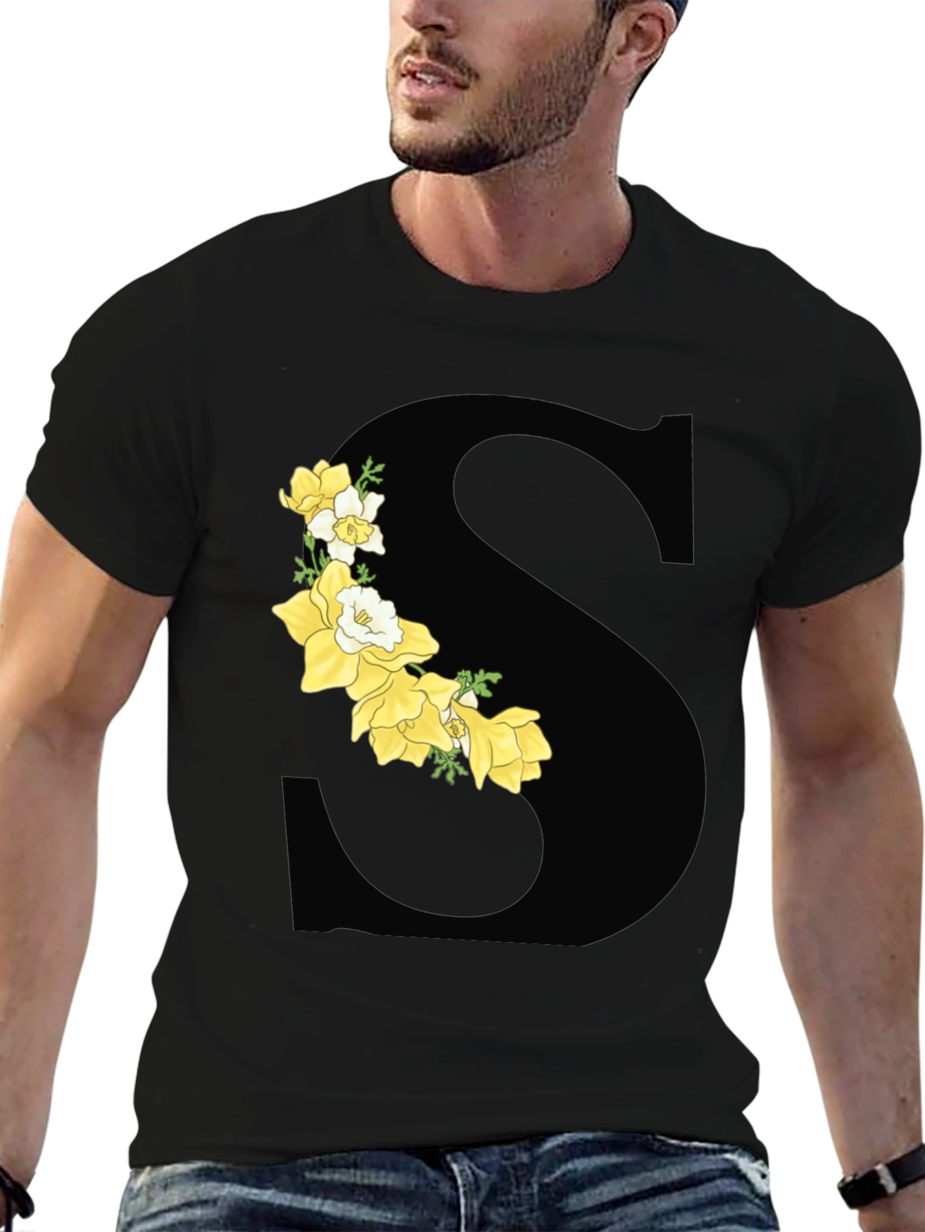 Floral Letter S Black Graphic Tee