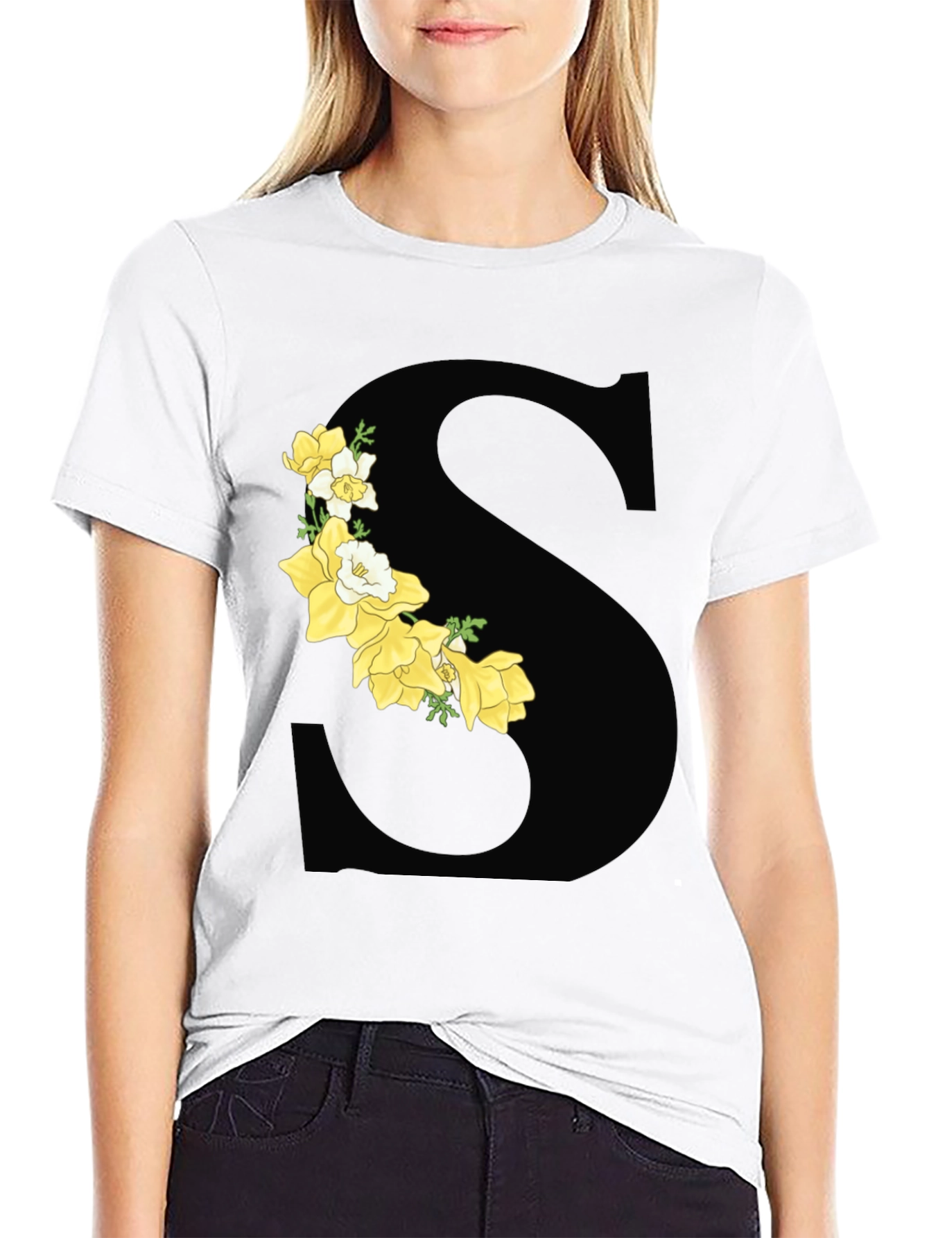 Floral Letter S Black Graphic Tee